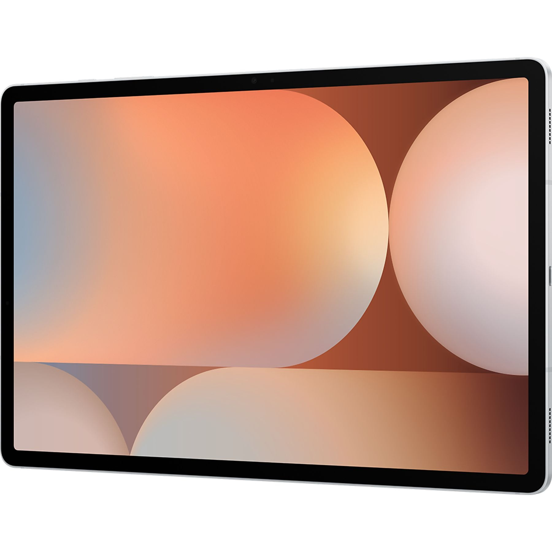 Soyut turuncu ve mavi arka plana sahip gümüş renkli tablet.
