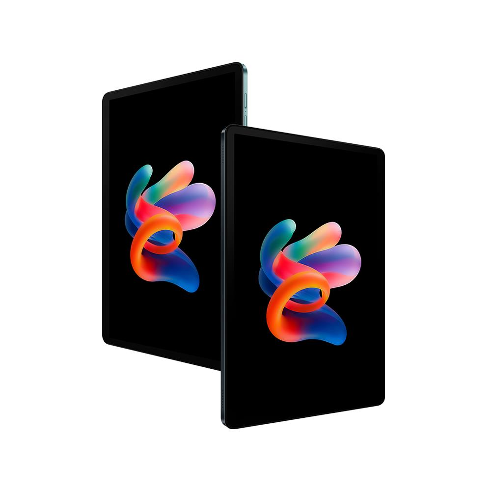 Siyah ekranlarda renkli soyut grafikler gösteren iki tablet.