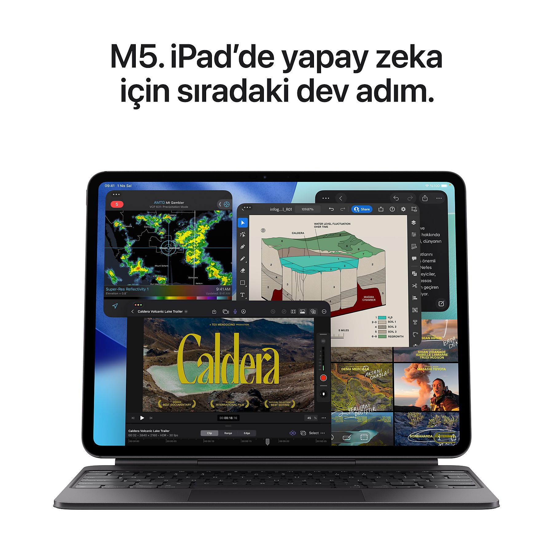 Bir iPad hava durumu haritası, jeolojik kesit ve video önizlemeleri gösteriyor.
