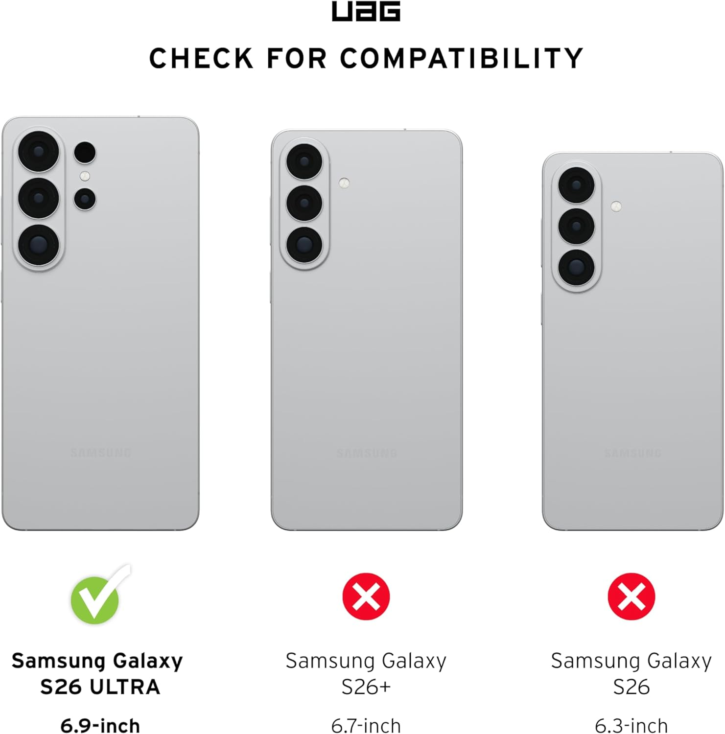 Drei Samsung-Handys: S26 ULTRA (6,9 Zoll), S26+ (6,7 Zoll) und S26 (6,3 Zoll).