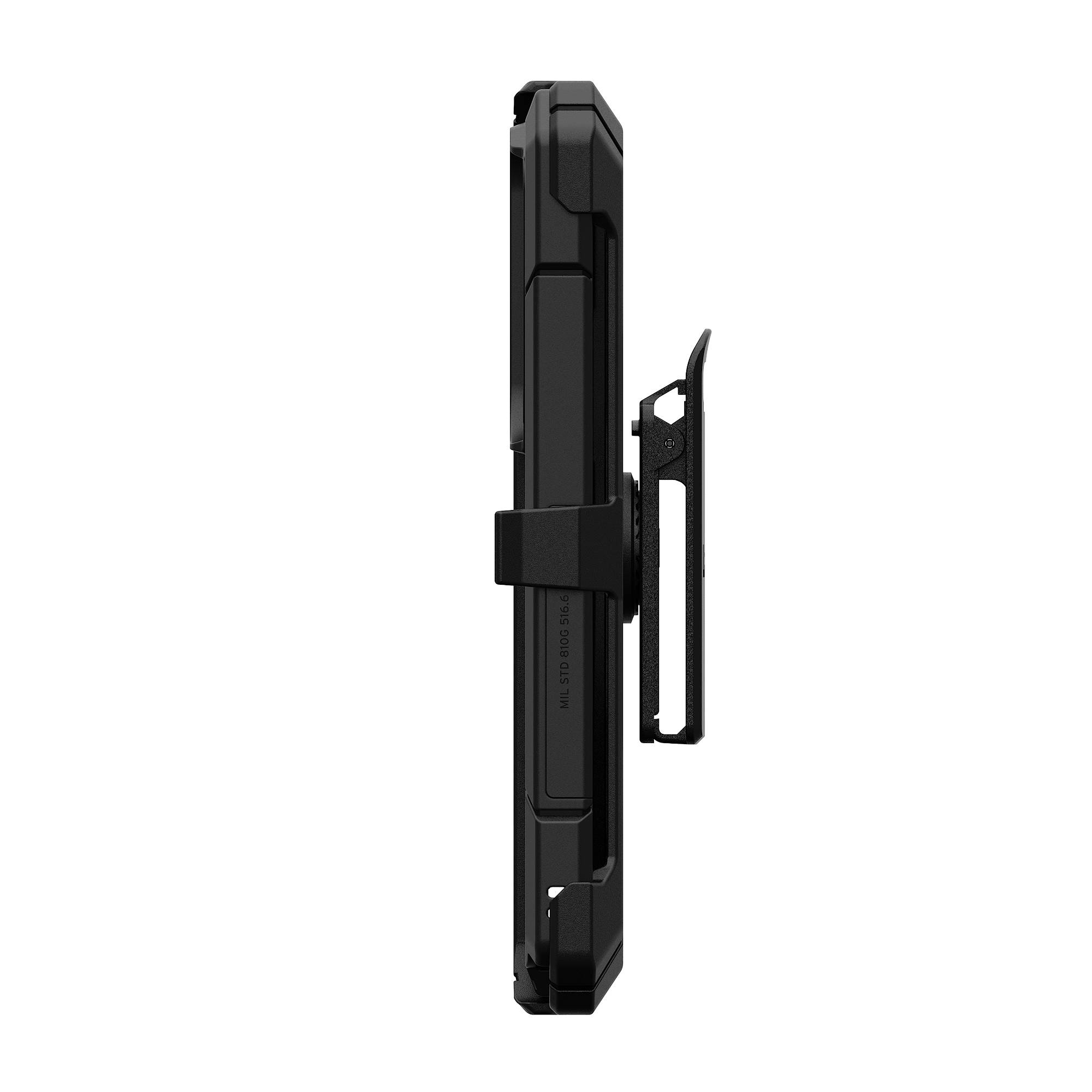 Schwarzes Handyhülle mit Gürtelclip, Seitenansicht.