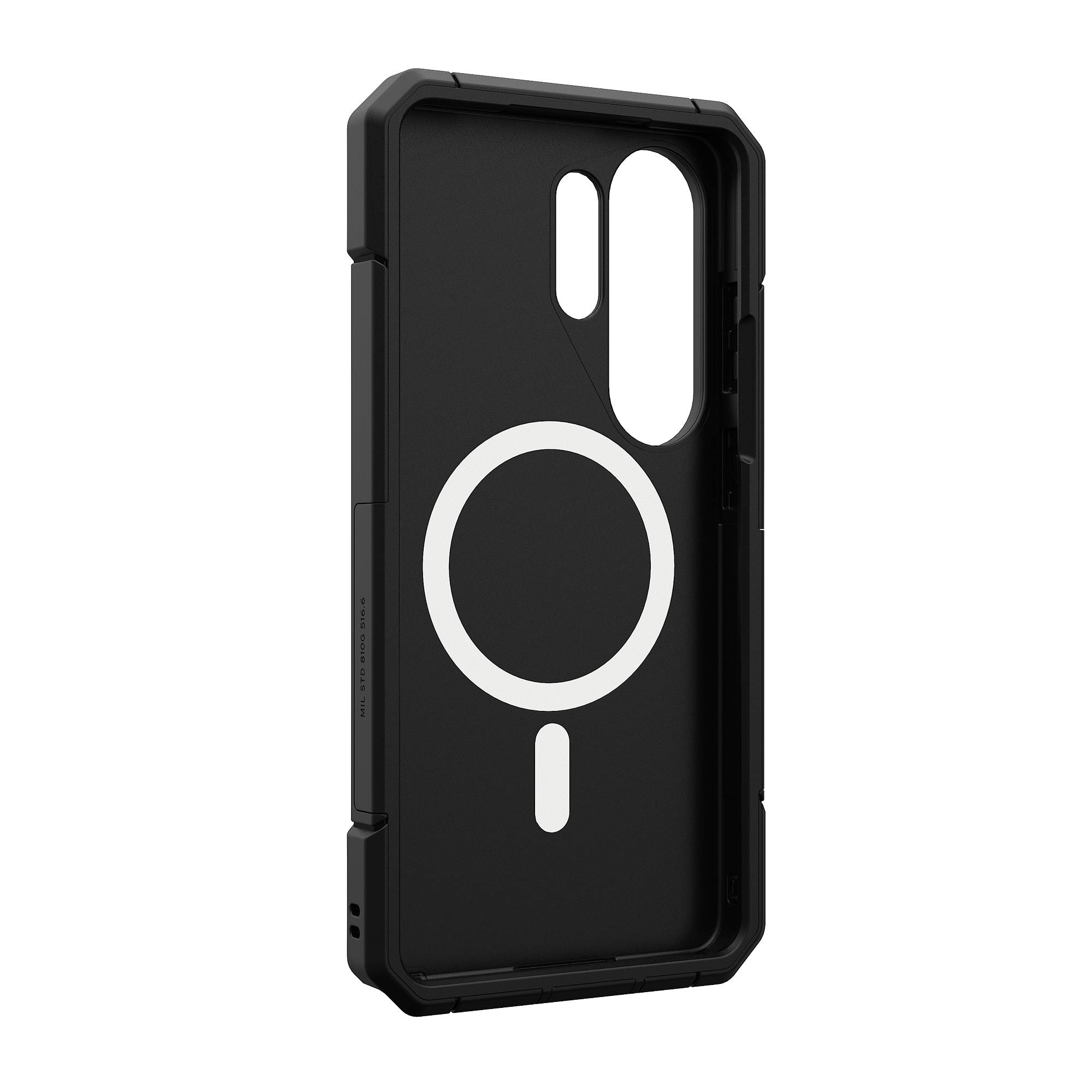 Schwarze Handyhülle mit weißem Magnetring und Ausschnitten.