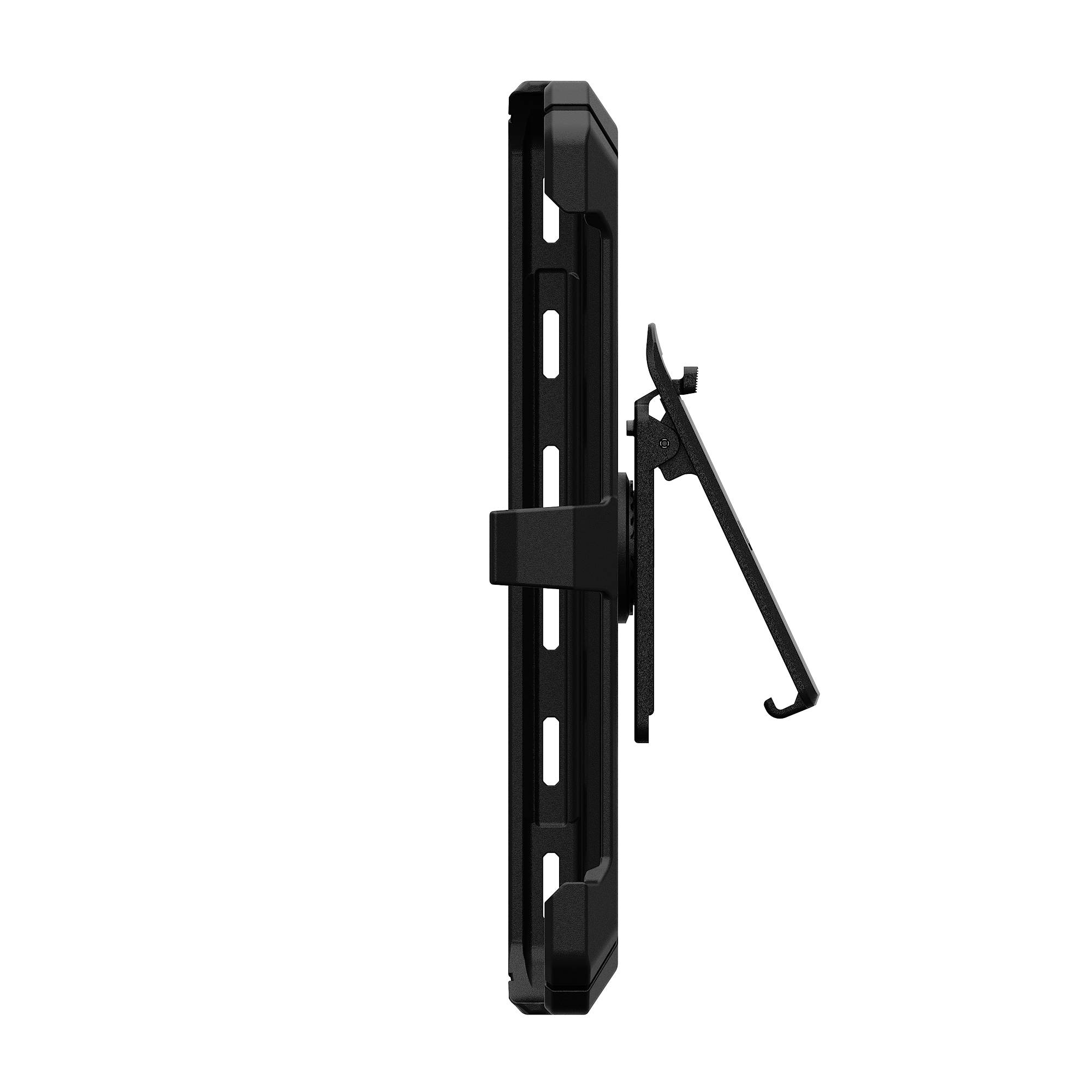 Schwarze Handyhülle mit Gürtelclip, Seitenansicht.