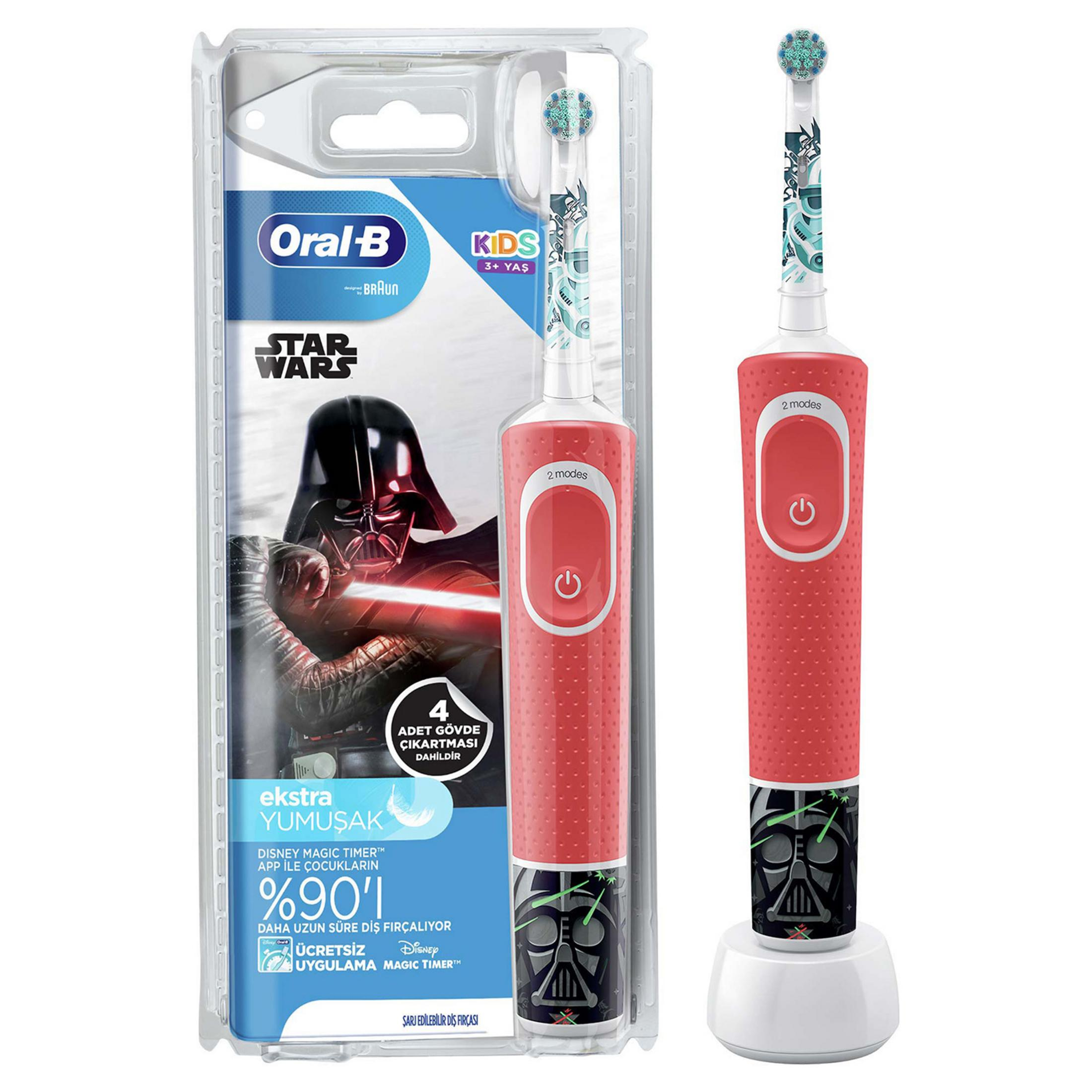 Darth Vader grafikali kirmizi Oral-B Star Wars cocuk dis fircasi, kutulu ve ayri.