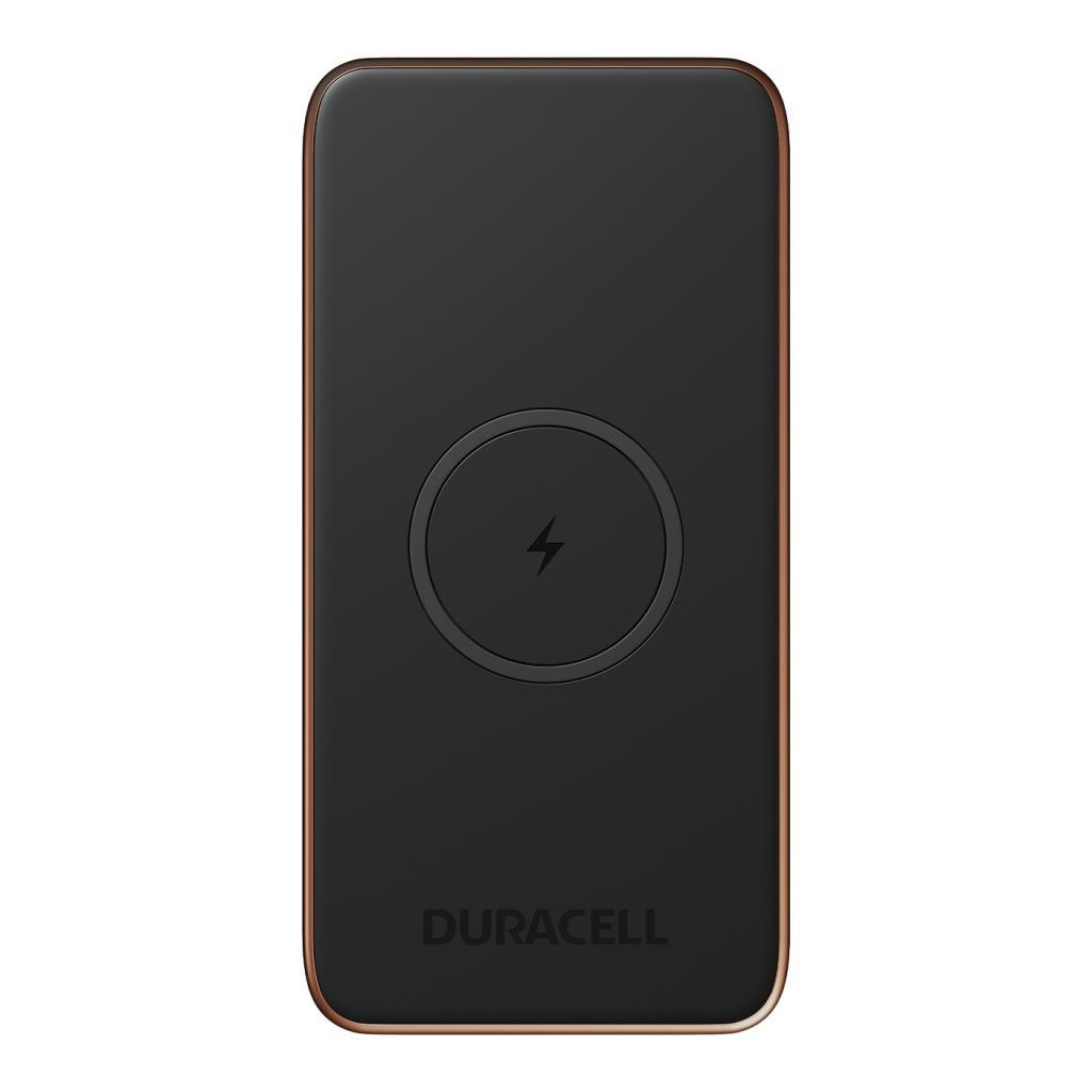 Caricatore wireless Duracell nero con bordo in rame e simbolo di ricarica.