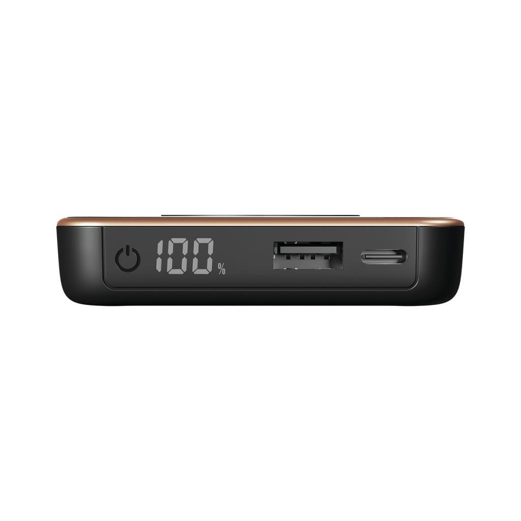 Power bank nero con indicatore di carica al 100% e porta USB.