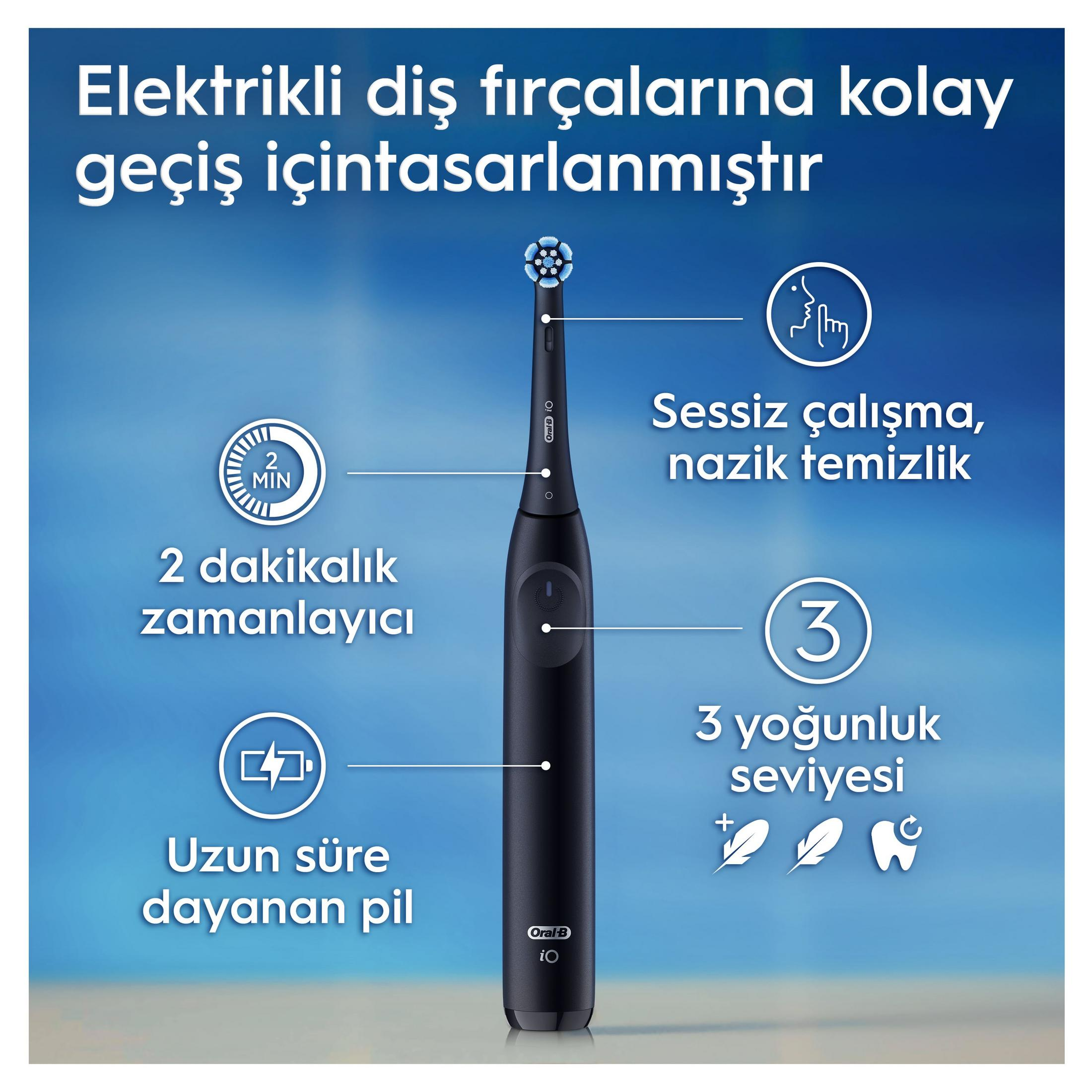 2 dk zamanlayıcılı, uzun pil ömürlü, sessiz çalışan siyah elektrikli diş fırçası.