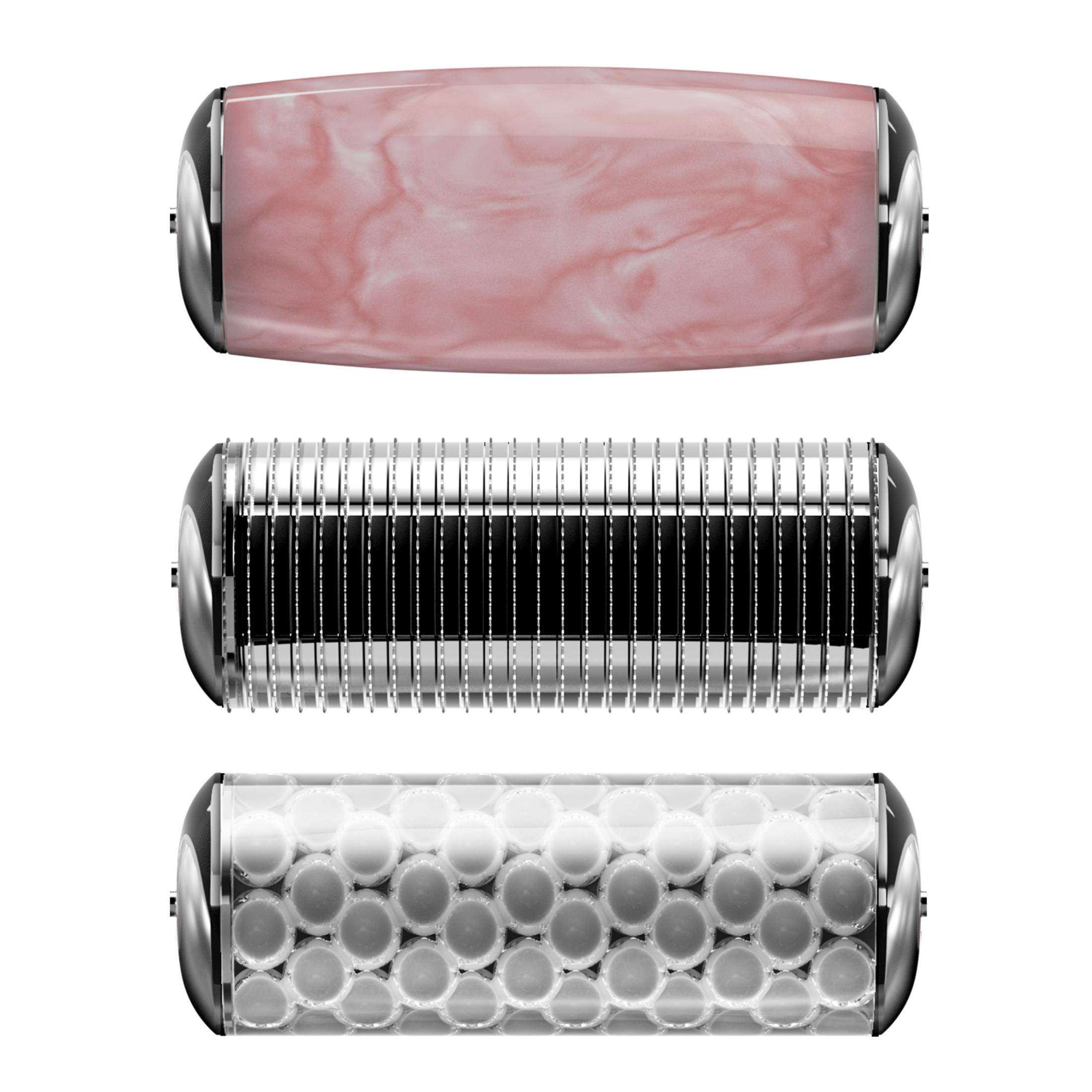 Tre testine da rasoio: marmo rosa, lame metalliche e cilindri trasparenti.