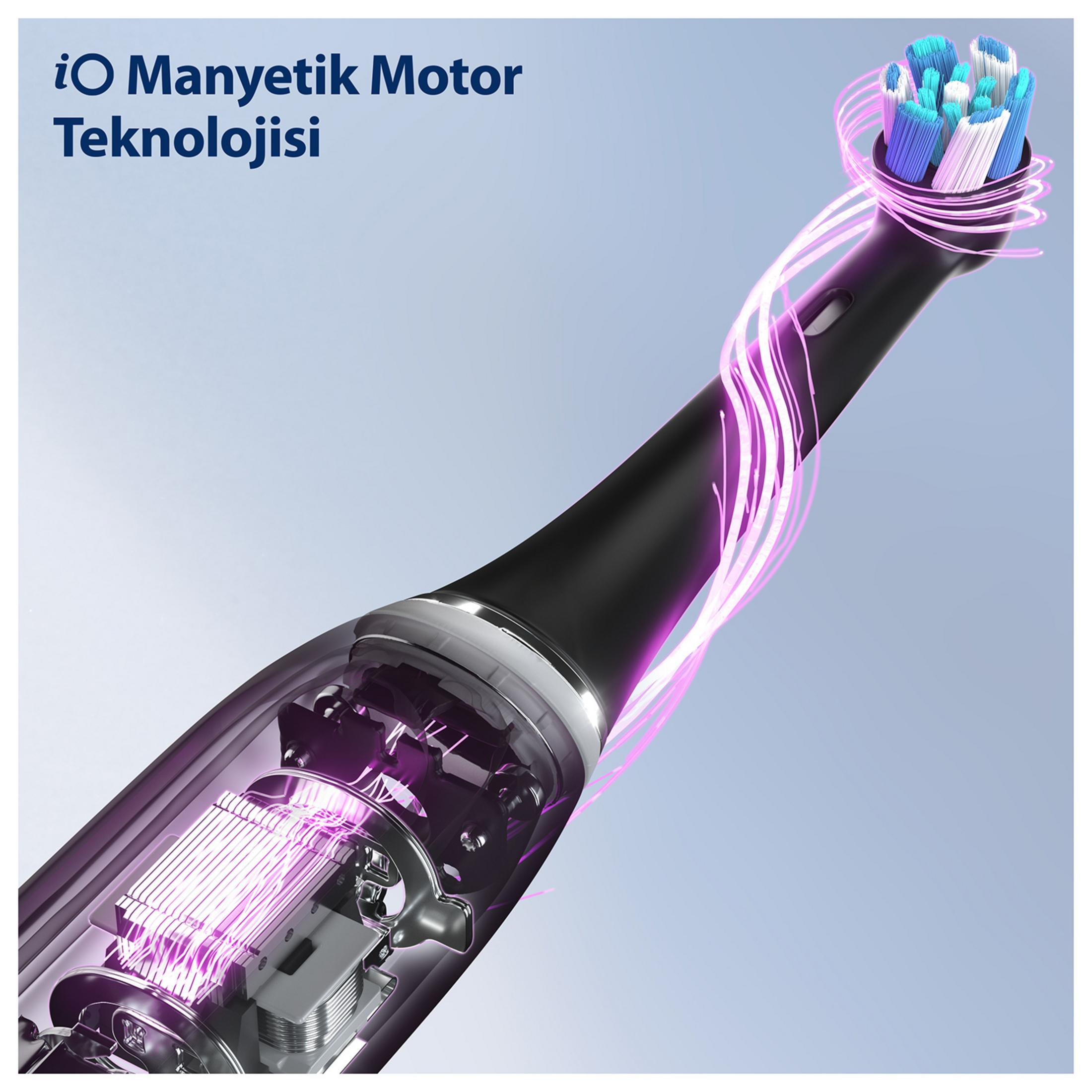Dahili manyetik motor teknolojisini ve fırça başlığını gösteren elektrikli diş fırçası.