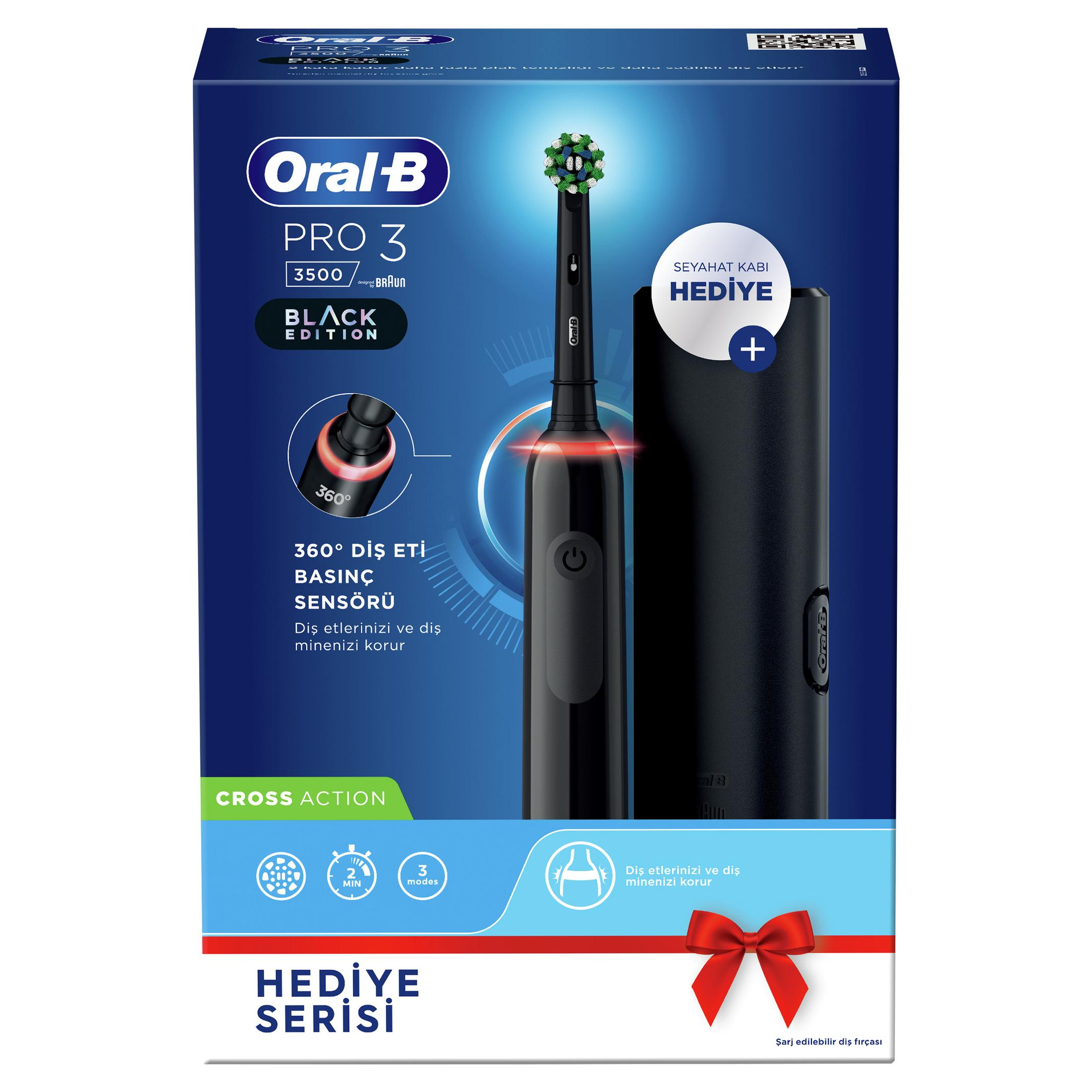 Seyahat kılıflı siyah Oral-B Pro 3 elektrikli diş fırçası, 360° basınç sensörü.