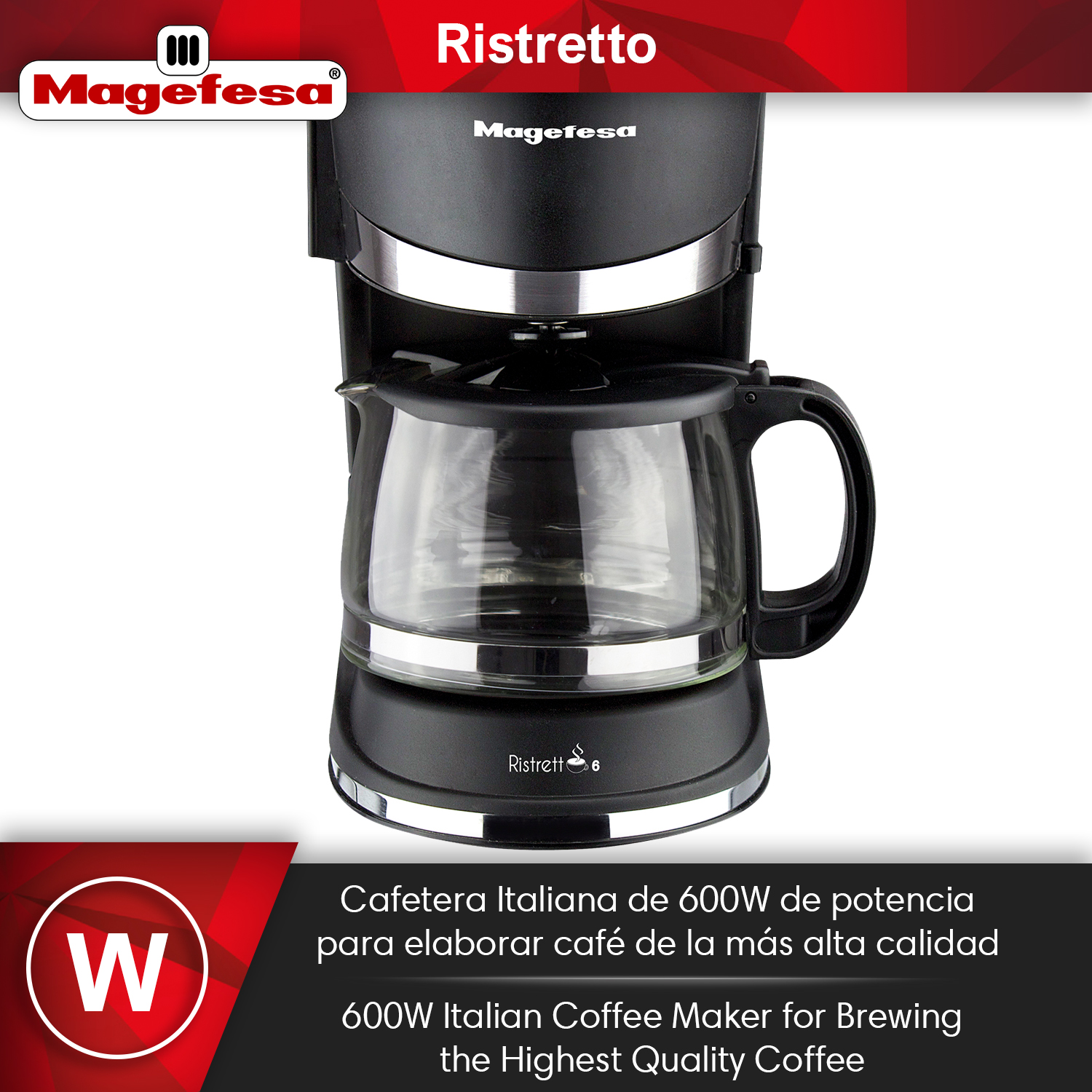 Cafetera italiana negra de 600W con jarra de cristal y detalles plateados.