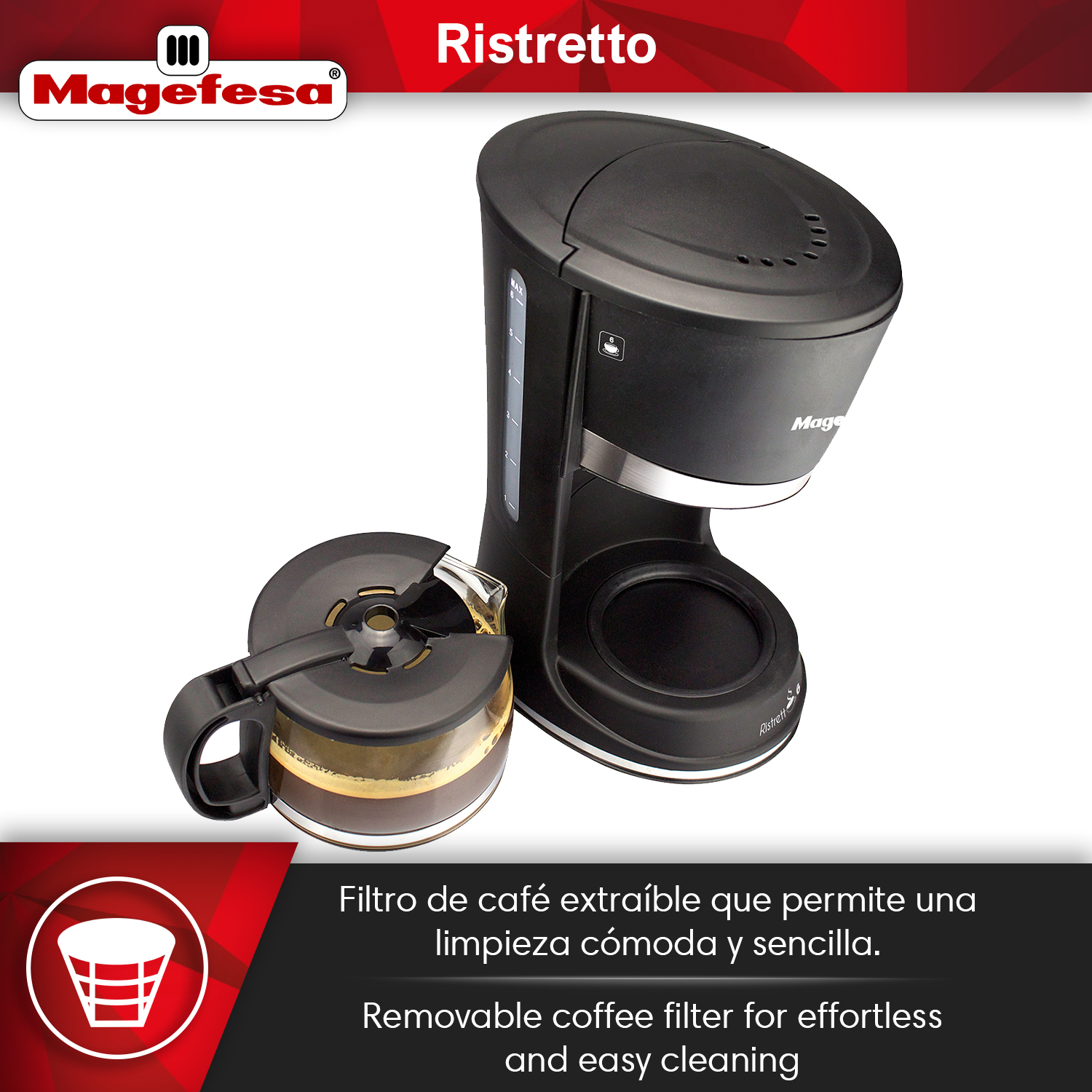 Cafetera negra con jarra de cristal e icono de filtro.