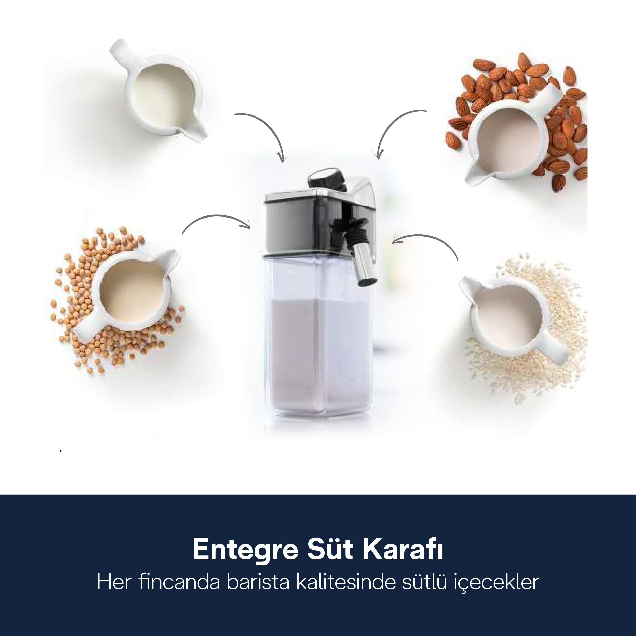Macchina per il latte con caraffe di latte, mandorle, soia e riso.