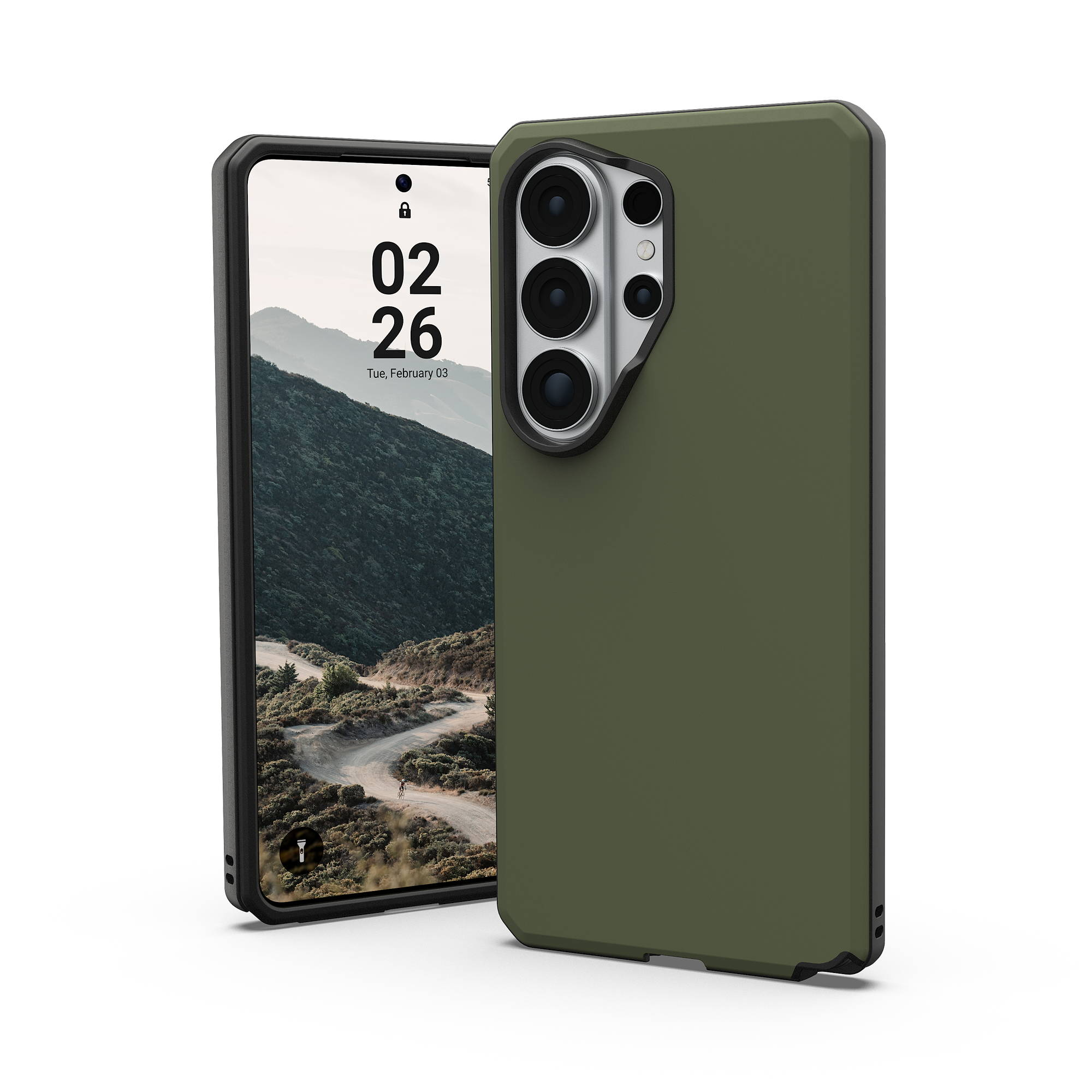 Grüne Handyhülle mit schwarzem Rand, daneben ein Smartphone mit Berglandschaft-Hintergrund.