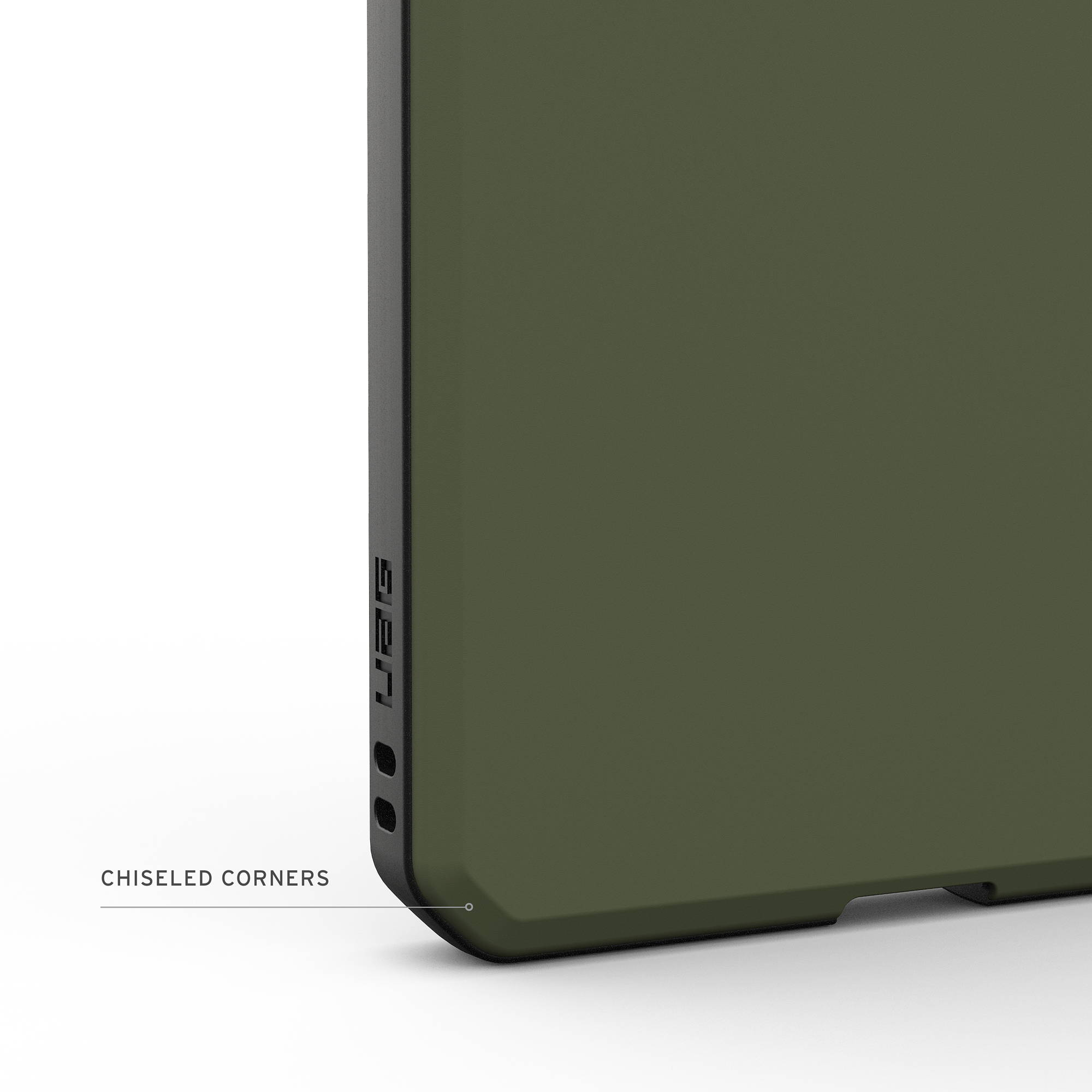 Nahaufnahme einer olivgrünen Hülle mit schwarzen Akzenten und "chiseled corners" Beschriftung.