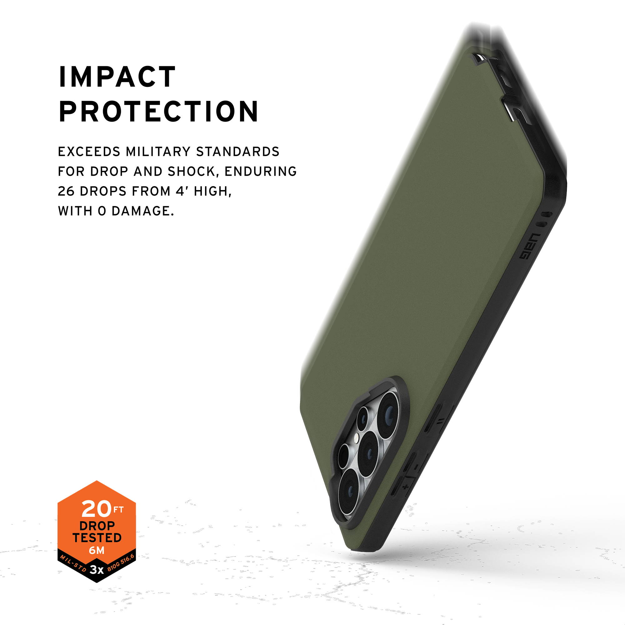 Grüne Handyhülle mit Kameraaussparung, von schräg gezeigt. Text: 'Impact Protection'.