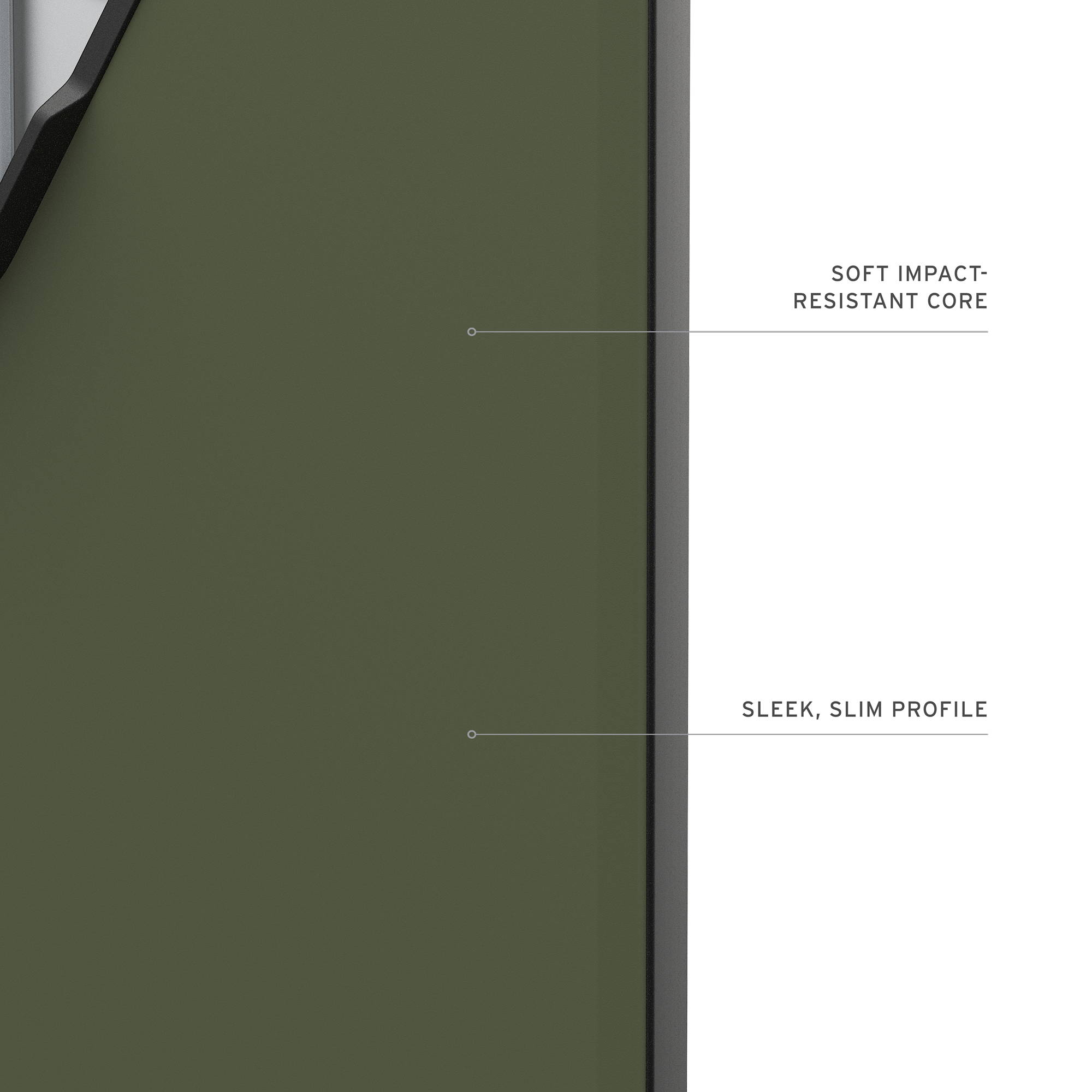Grüne Rückseite mit Text: "SOFT IMPACT-RESISTANT CORE" und "SLEEK, SLIM PROFILE"