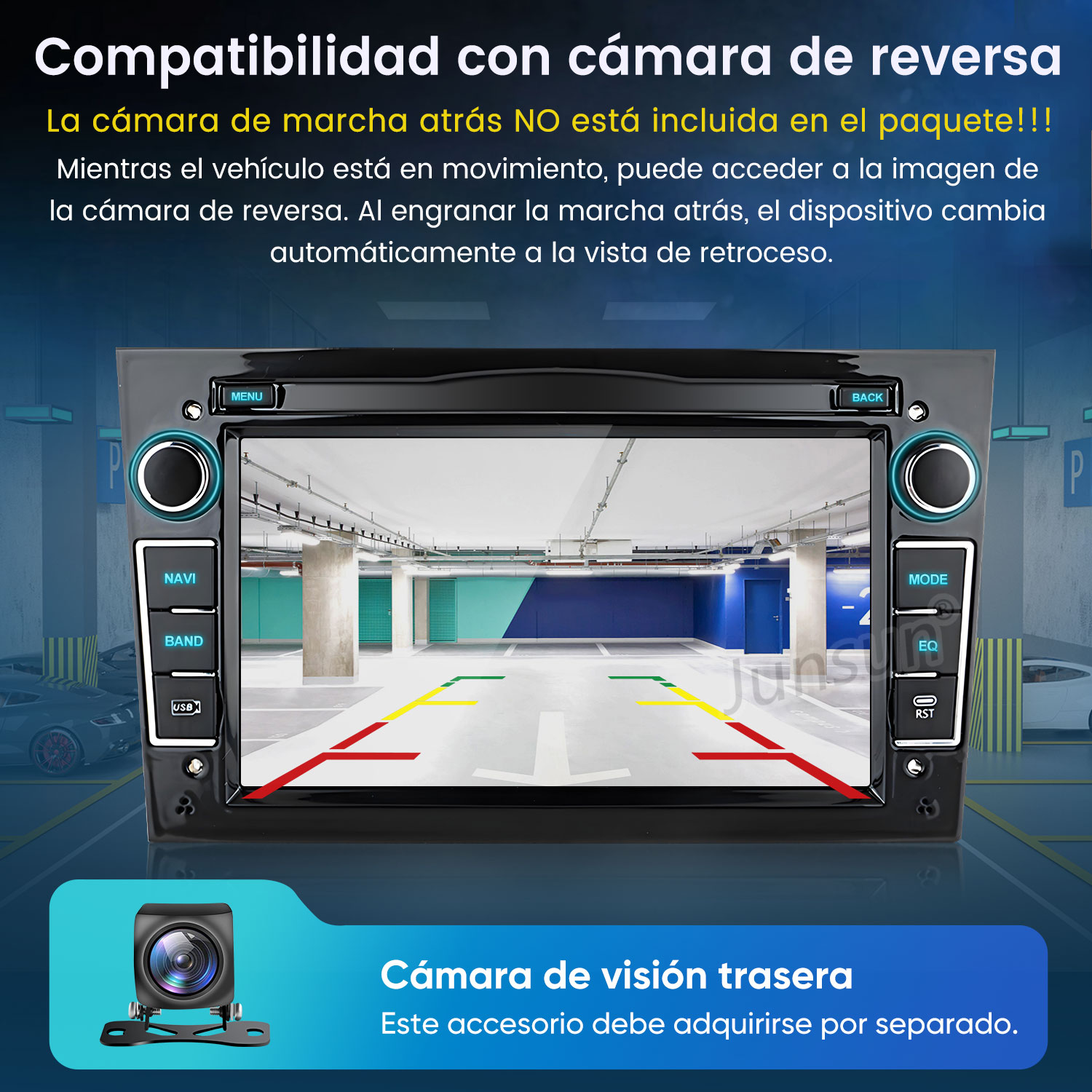 Radio de coche mostrando vista de aparcamiento de cámara trasera.
