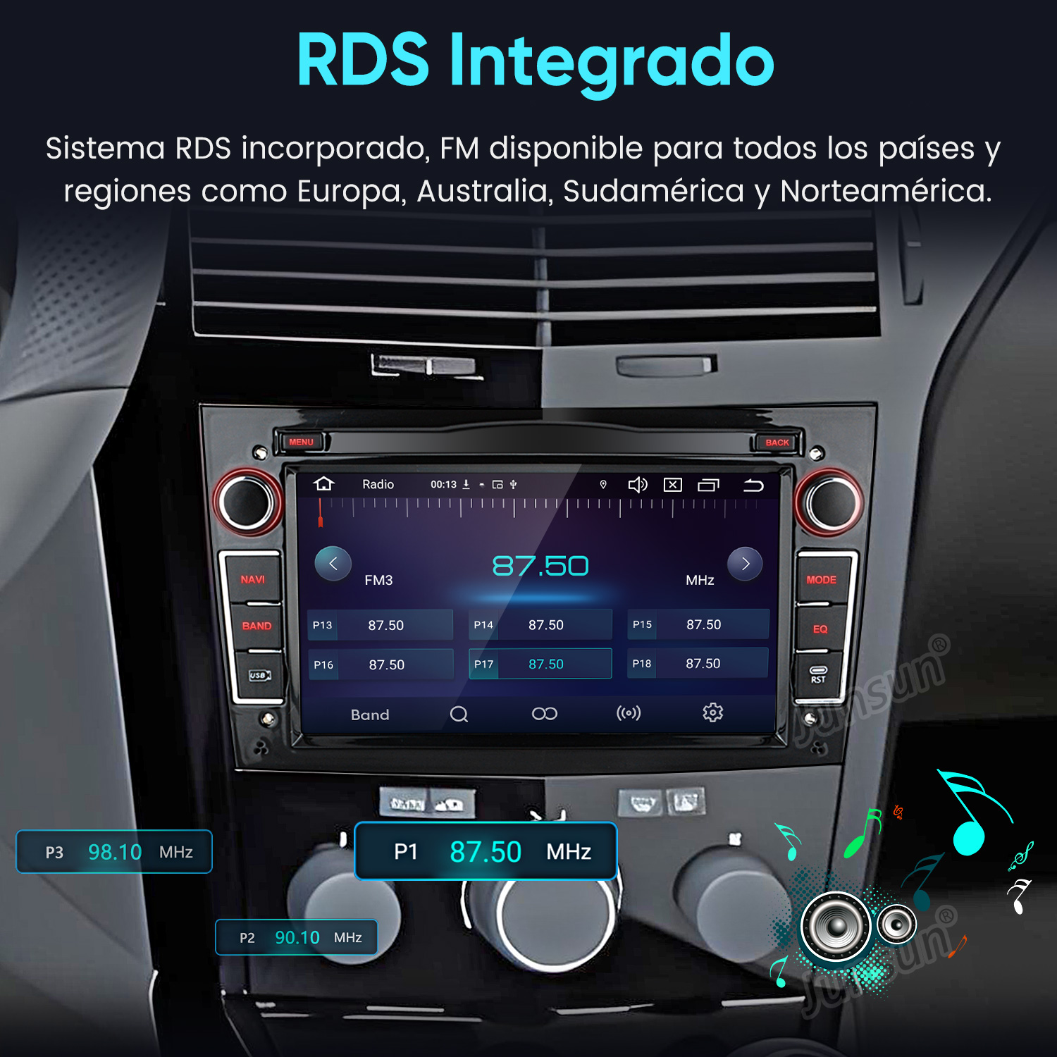 Radio de coche con pantalla RDS muestra 87.50 MHz. Estaciones son P1-P18.