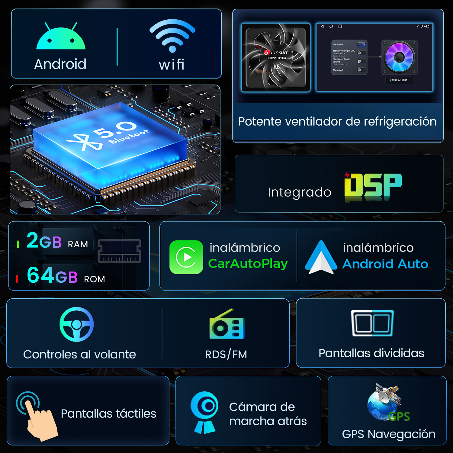Android, WiFi, Bluetooth 5.0, Ventilador, DSP, RAM/ROM, CarPlay/Android Auto, Control Volante, RDS/FM, Pantallas Divididas, Pantallas Táctiles, Cámara Trasera, GPS.