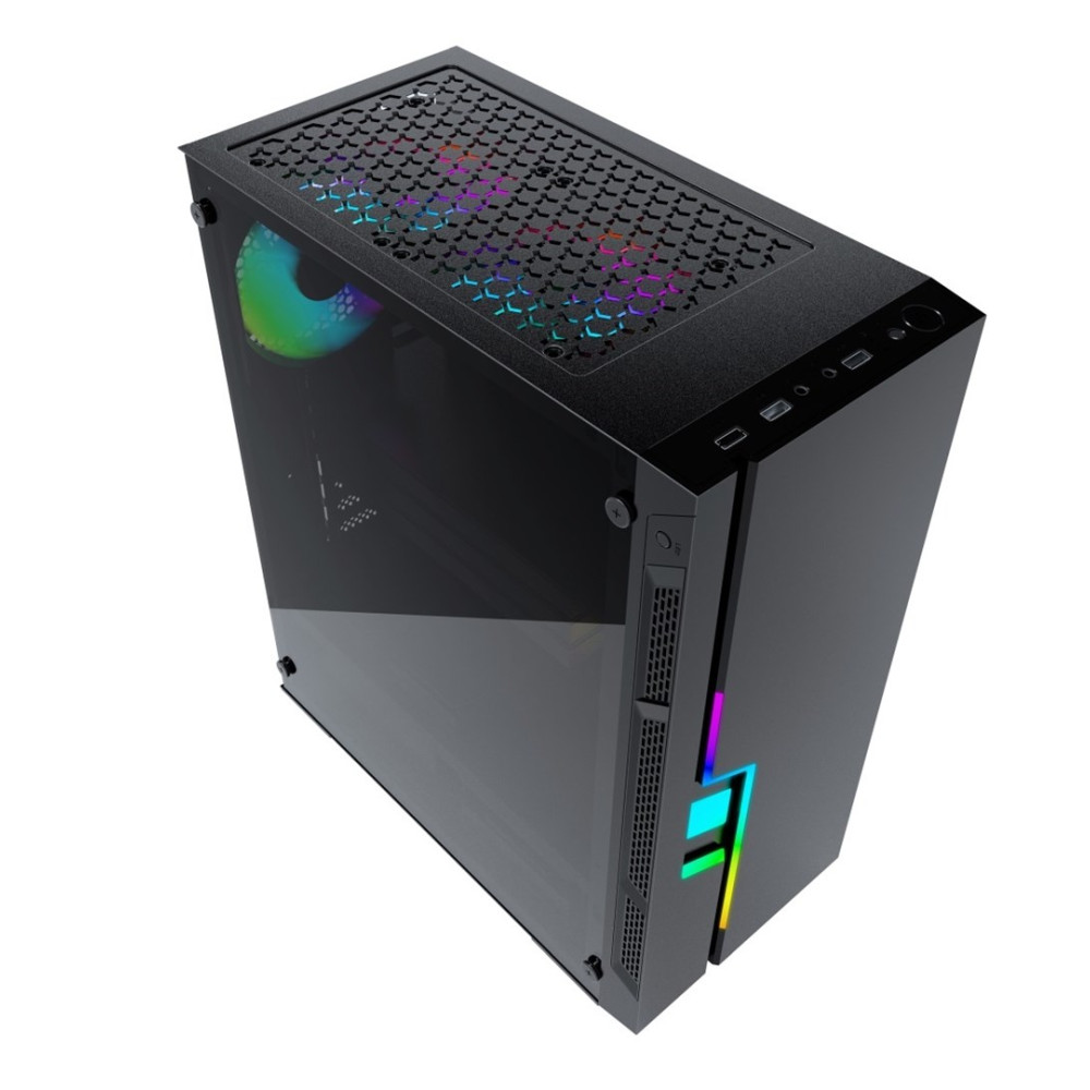 Una tower PC nera con pannello laterale in vetro e illuminazione RGB in alto e sul davanti.