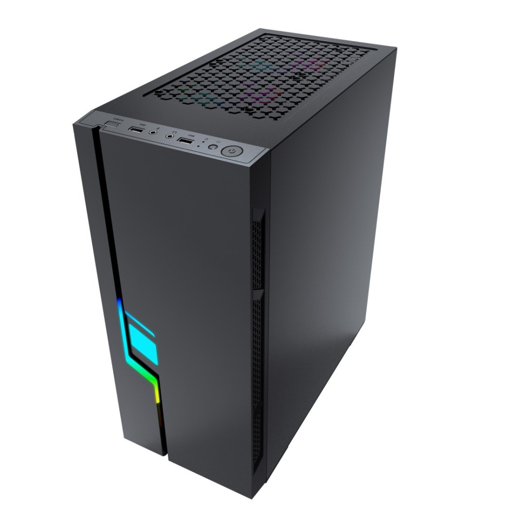 Case del computer nero con prese d'aria e illuminazione LED colorata sul pannello frontale.
