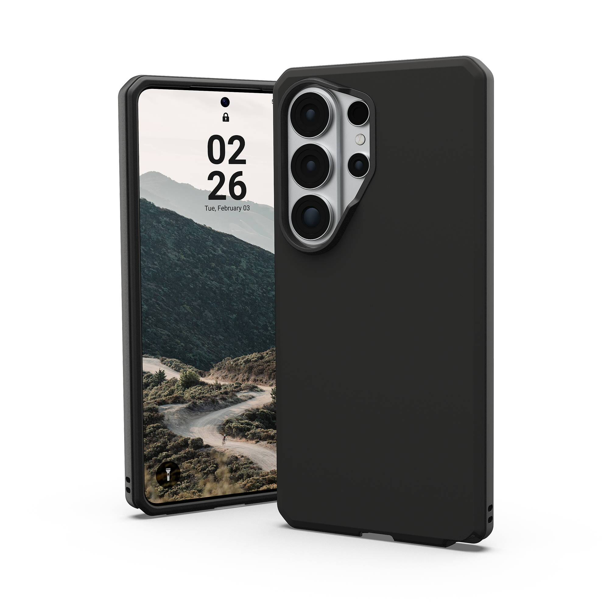 Ein schwarzes Handy-Case mit Kamerasystem, auf einem weißen Hintergrund.