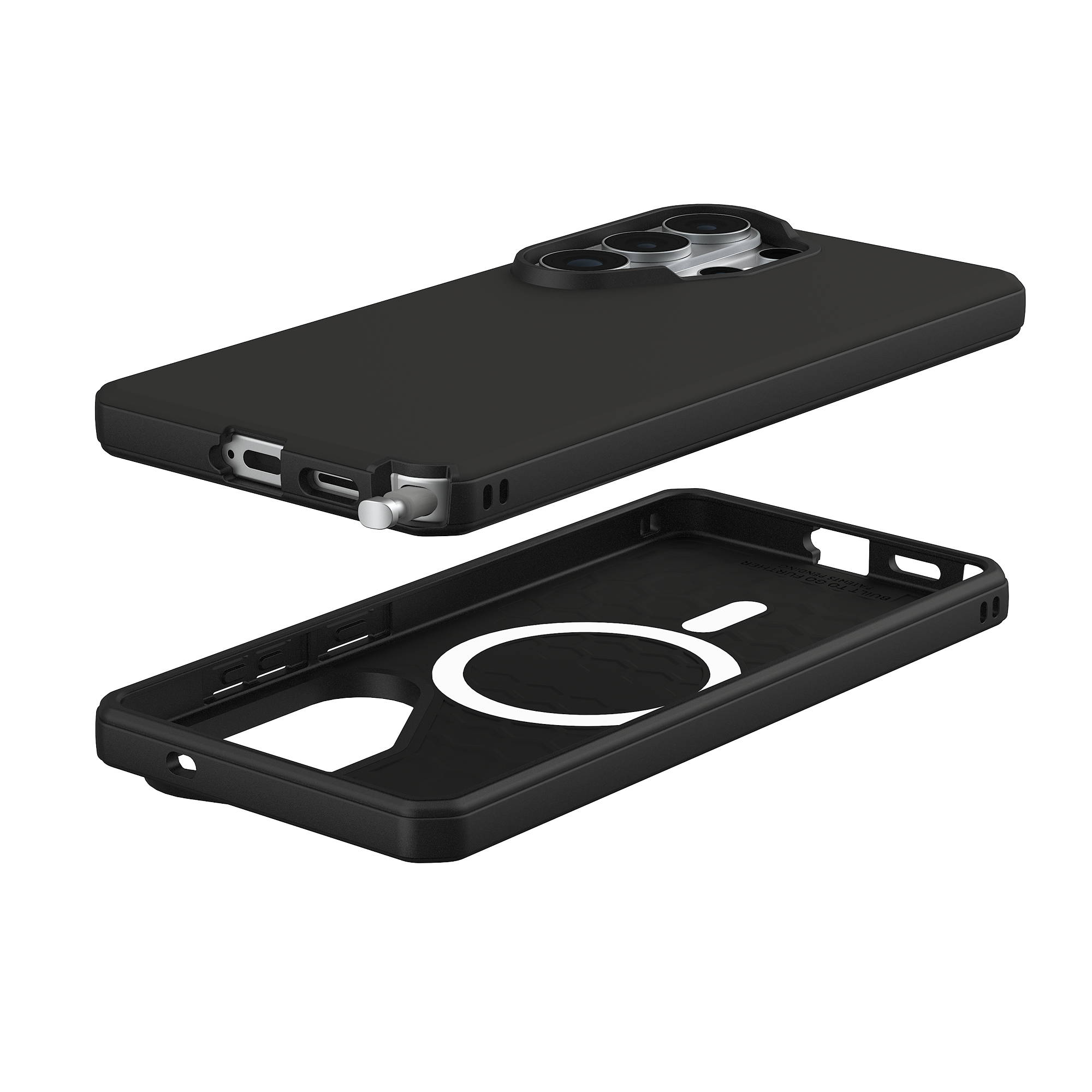 Schwarze Handyhülle mit sichtbarer MagSafe-Magnetik und Kamerainsel.