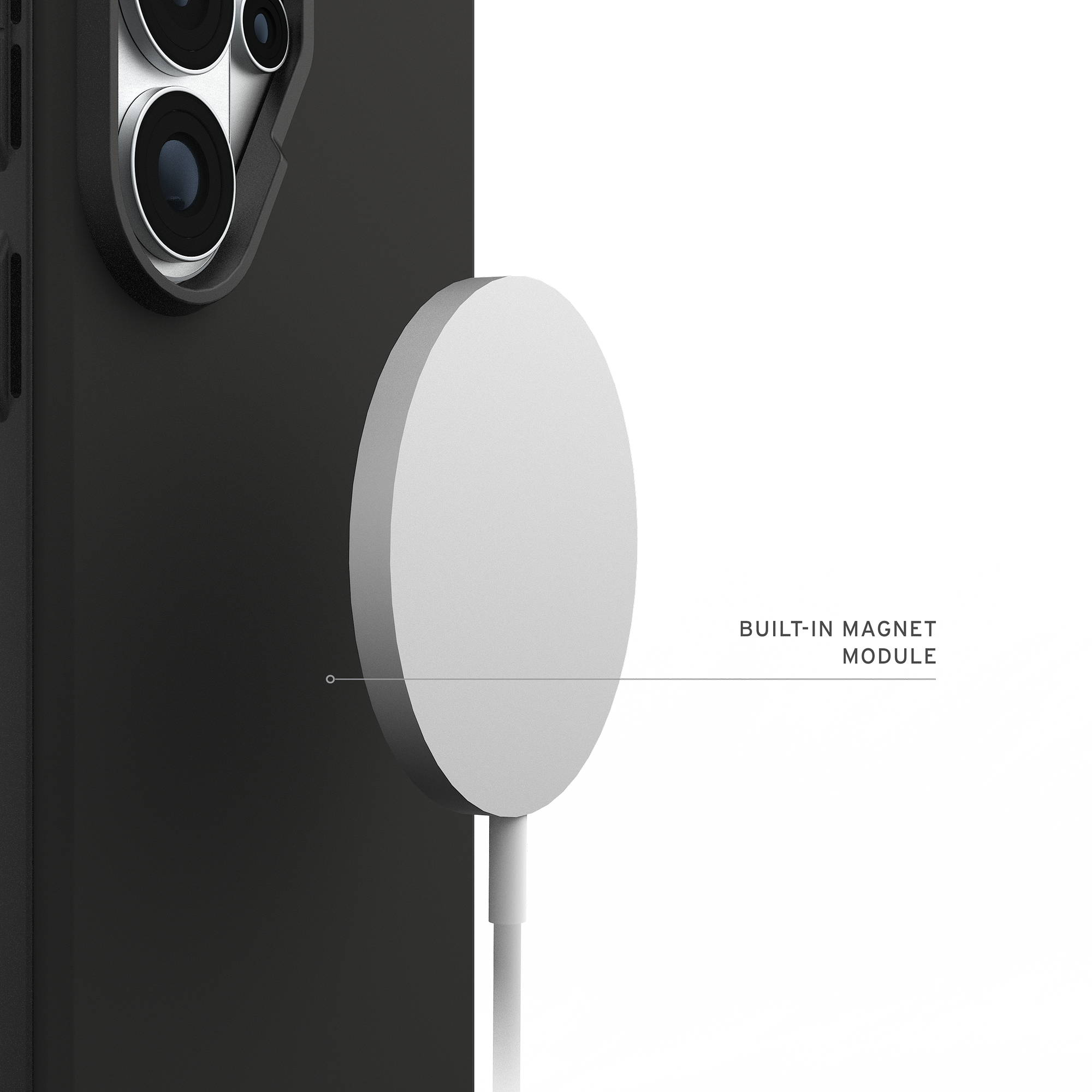 Ein weißer runder Magnetmodul mit Kabel ist an einem dunklen Smartphone befestigt.