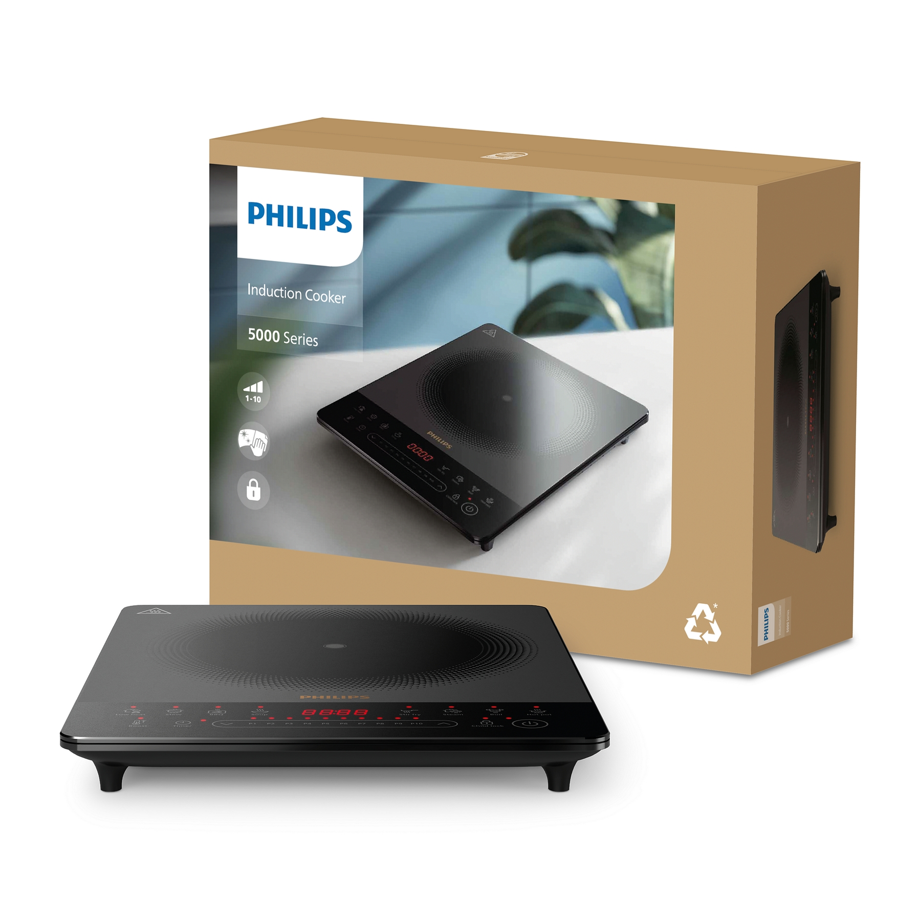 Schwarzer Philips Induktionskochfeld mit Touchscreen und Verpackung daneben.