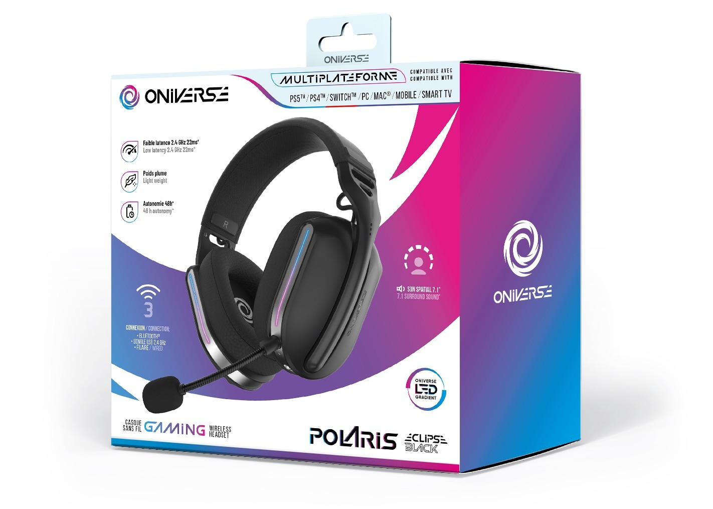 Czarny zestaw słuchawkowy gamingowy Oniverse z mikrofonem na pudełku, z oświetleniem RGB.