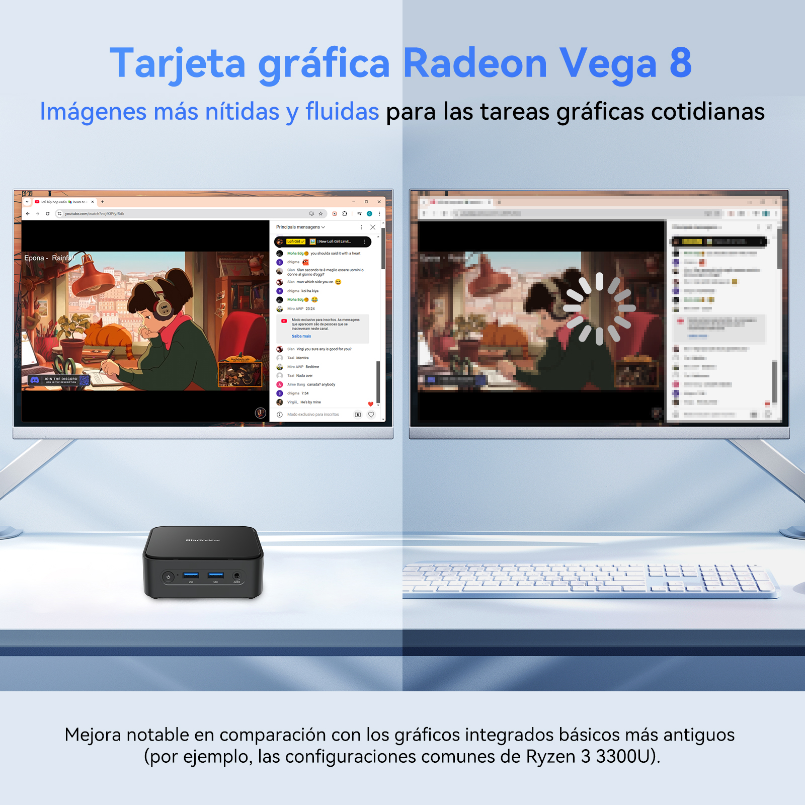 Dos monitores muestran una escena de anime y ventanas de chat. Un mini PC y teclado abajo.