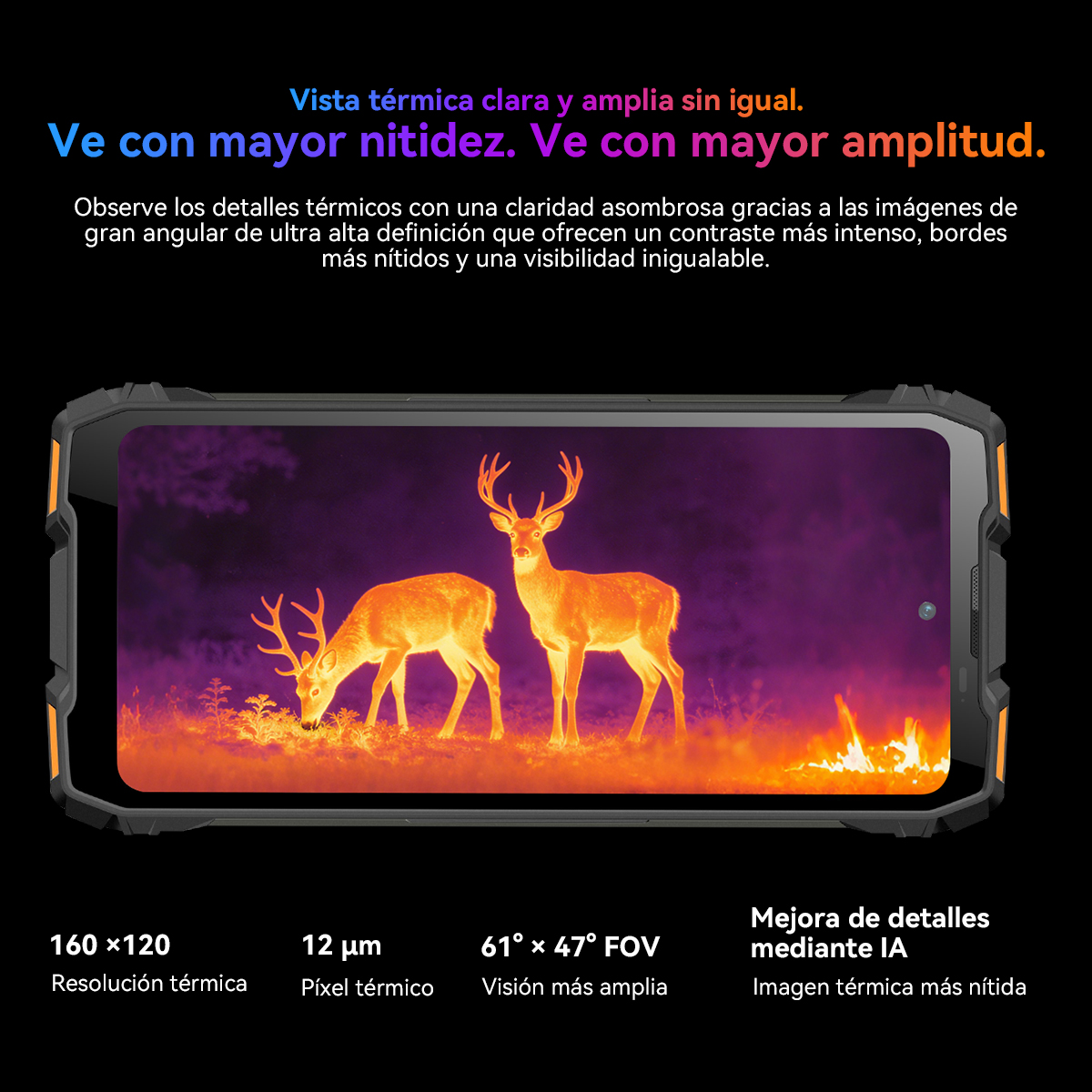 Dos ciervos en un campo, vistos con imagen térmica. Tonos naranja y morado.