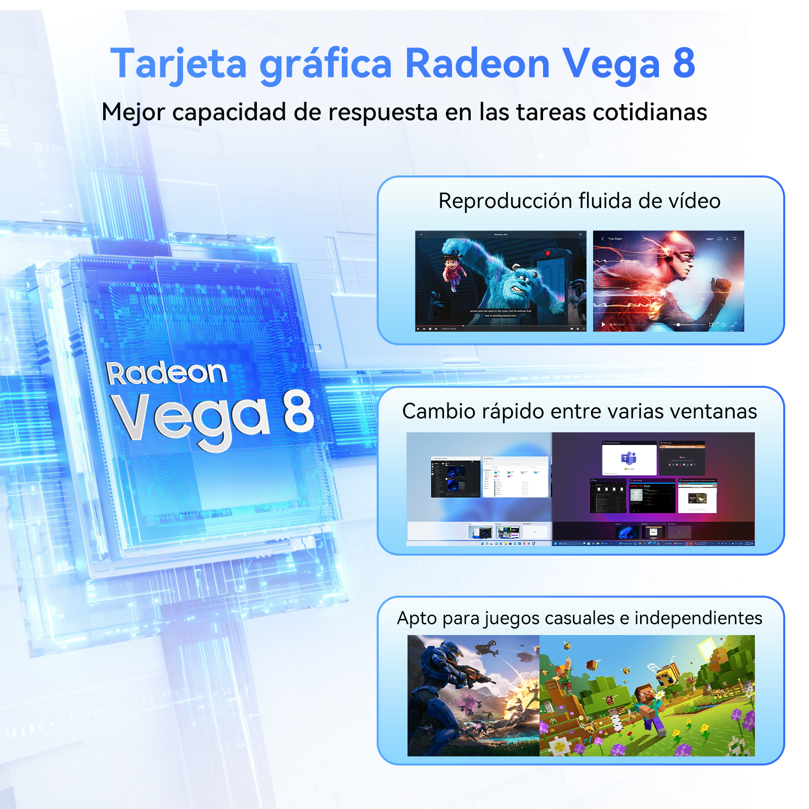 Gráficos 3D Radeon Vega 8 con ejemplos de video, multitarea y juegos.