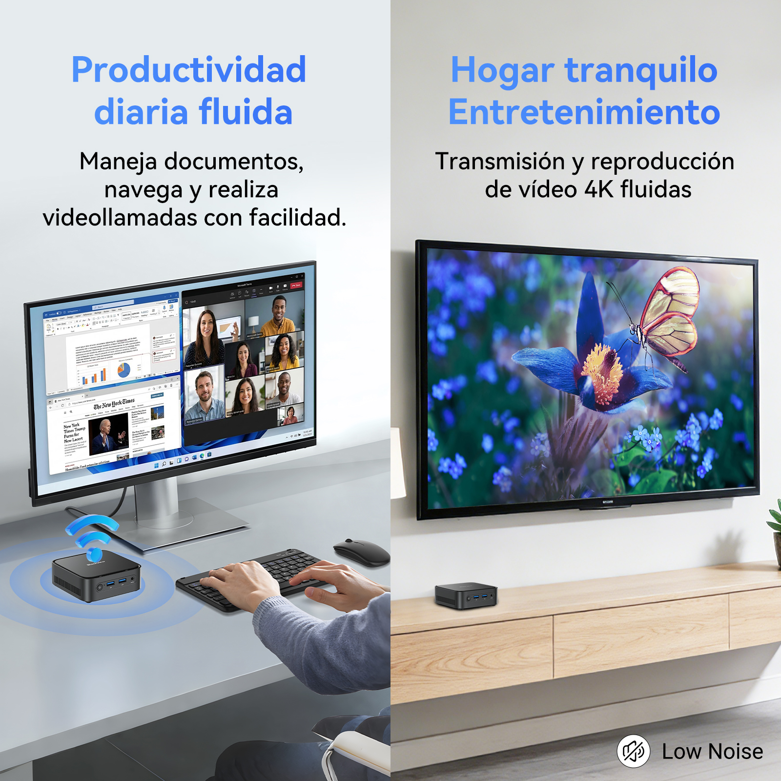 Pantalla dividida: Izquierda muestra PC para productividad. Derecha muestra TV con mariposa en flor.