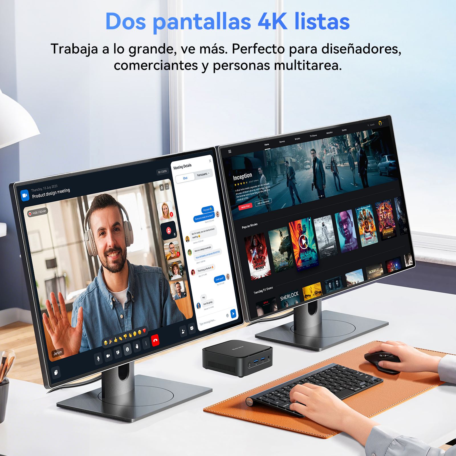 Dos monitores 4K muestran videollamada y app de streaming. Teclado y ratón delante.