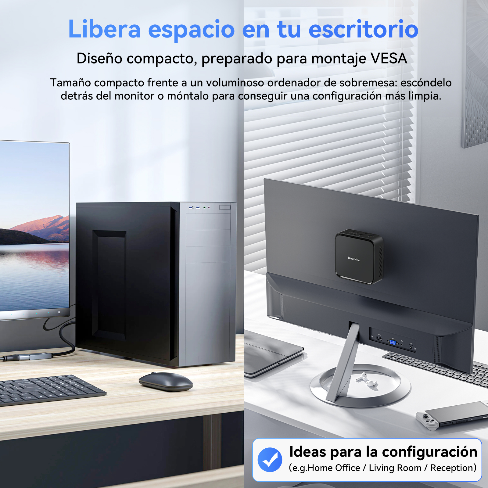 Un PC compacto tras un monitor, un PC grande al lado, teclado y ratón.