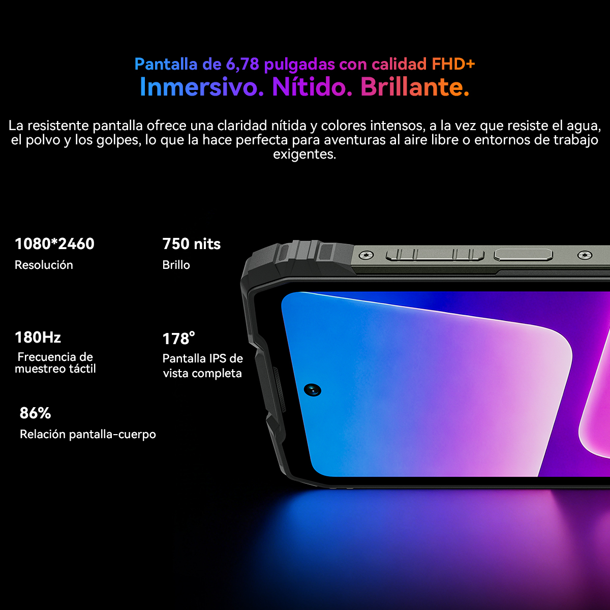 Pantalla robusta de smartphone con resolución FHD+, 180Hz, 750 nits.