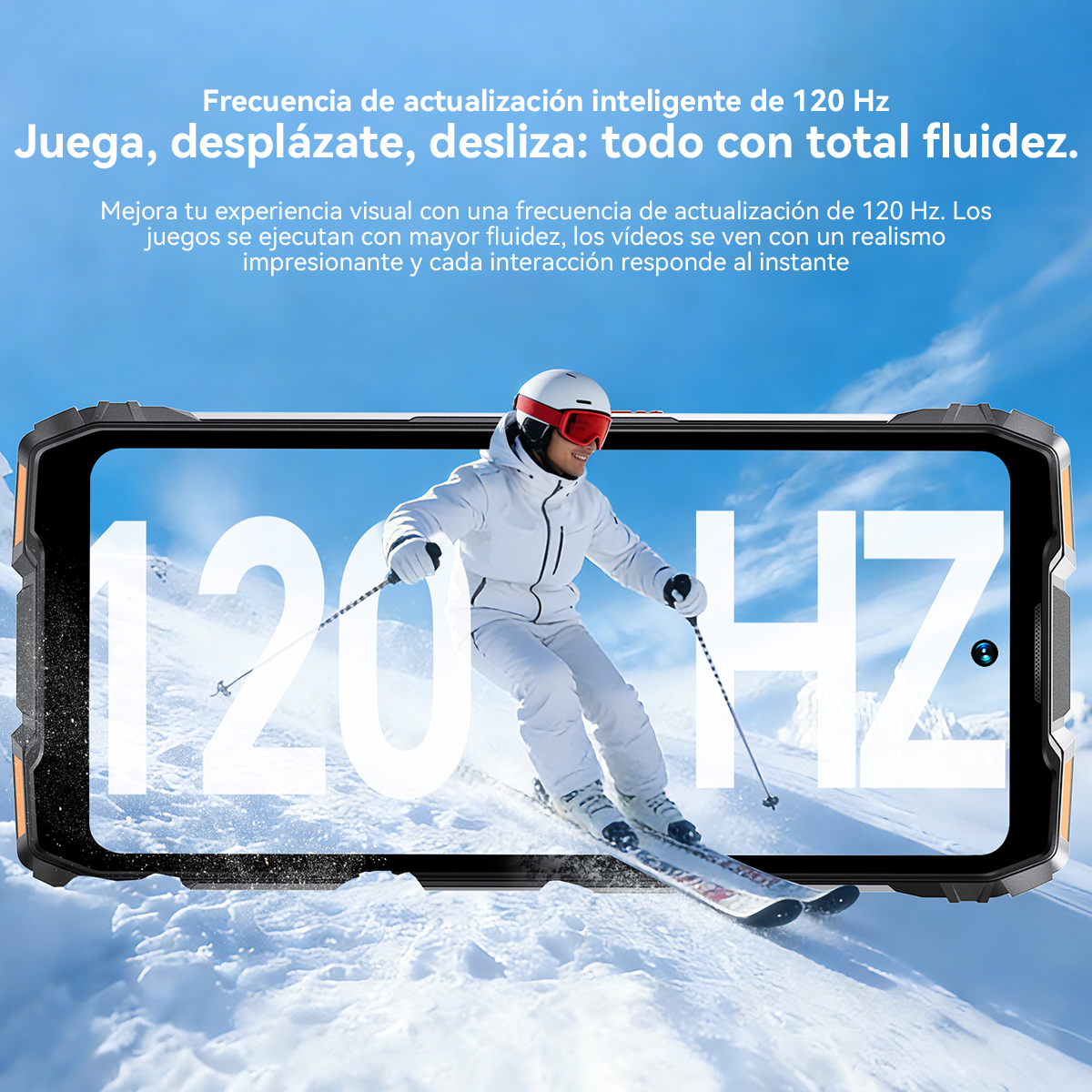 Un esquiador en la nieve, con 120 Hz en pantalla.