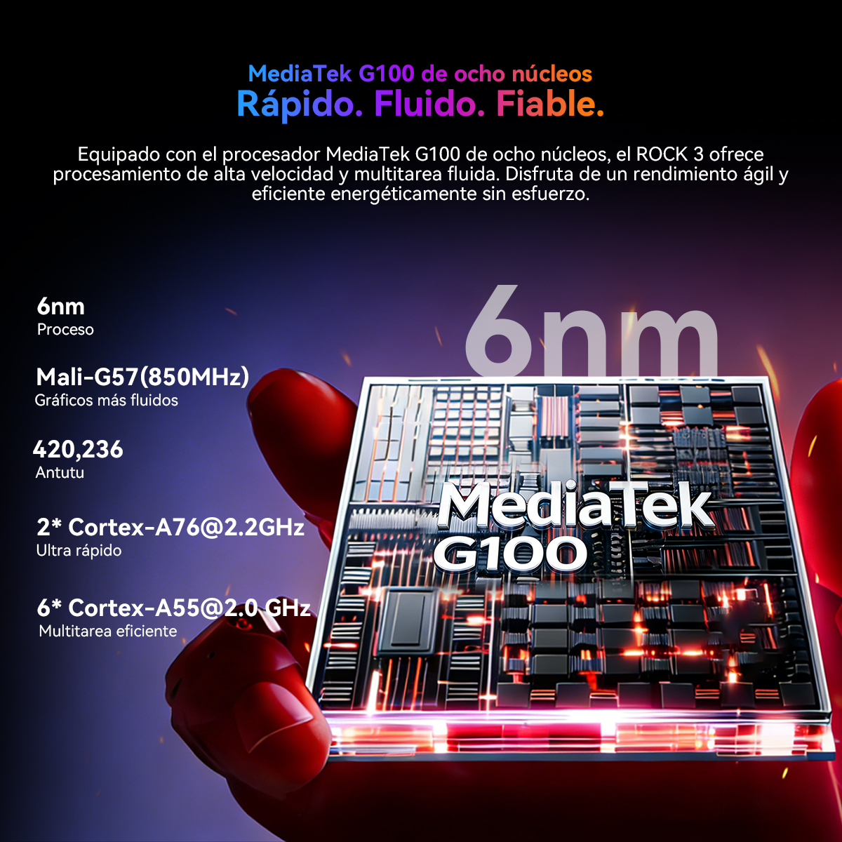 Primer plano de un procesador MediaTek G100 con tecnología de 6nm, sostenido por manos.