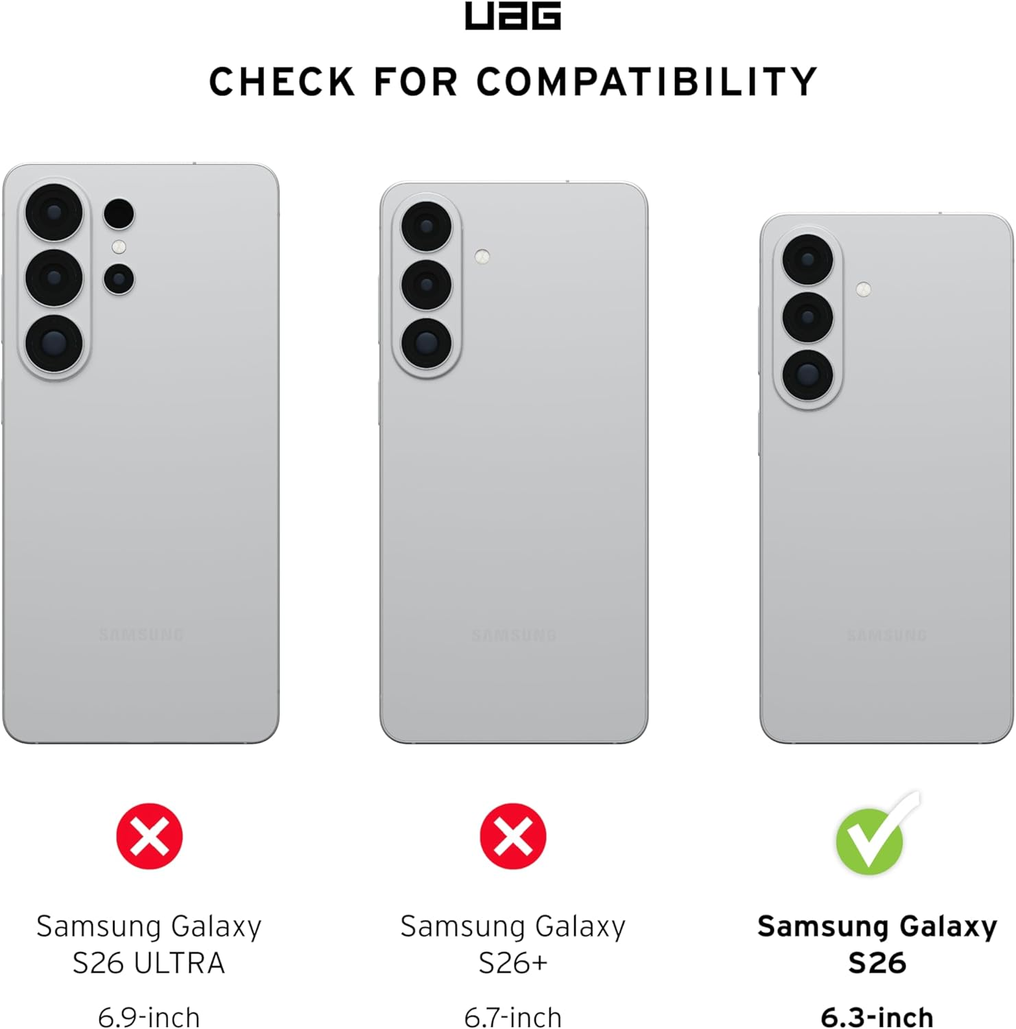 Drei Samsung Handys: S26 ULTRA (links, rot X), S26+ (Mitte, rot X), S26 (rechts, grüner Haken).