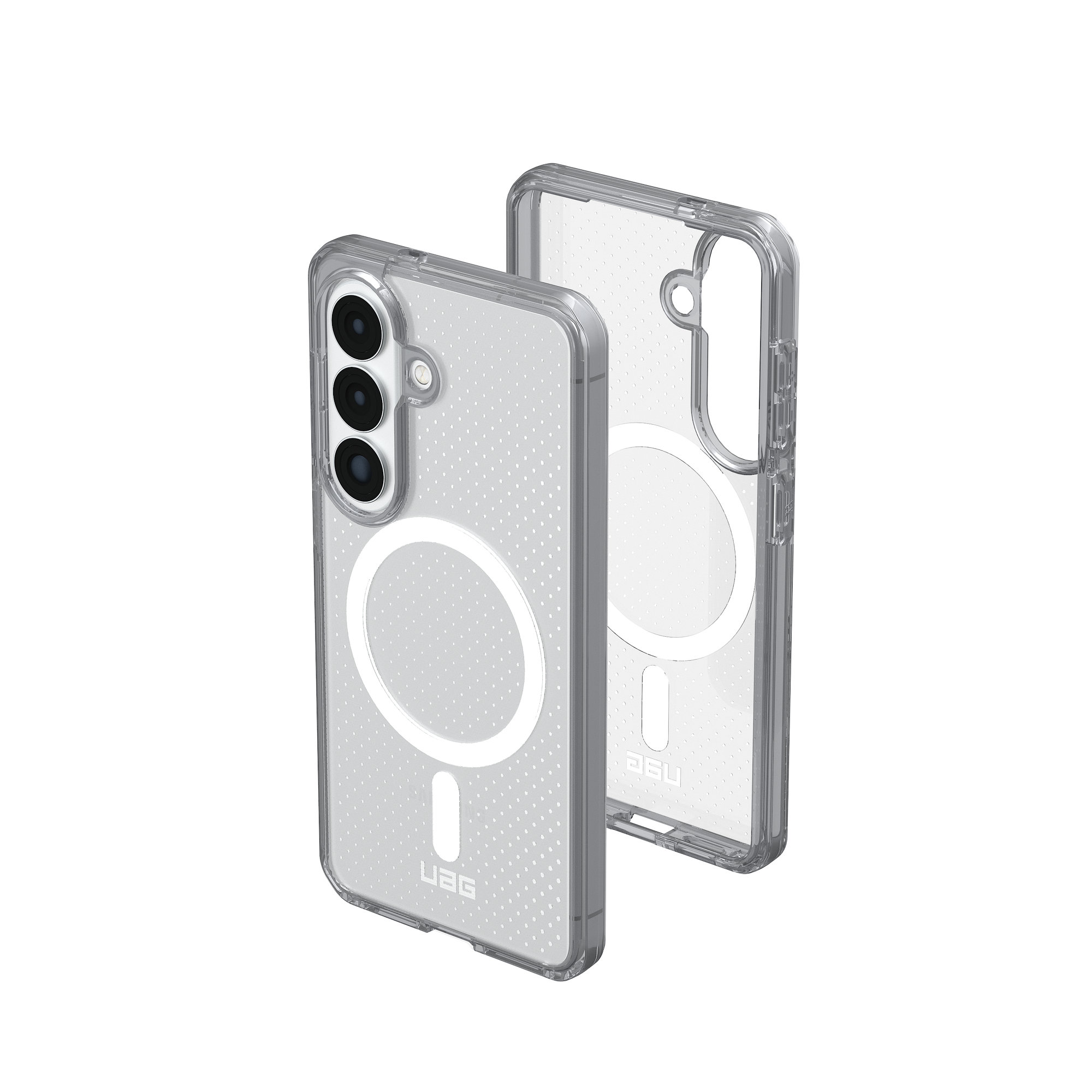 Zwei transparente Schutzhüllen für Smartphones, eine mit Kameras, die andere leer.