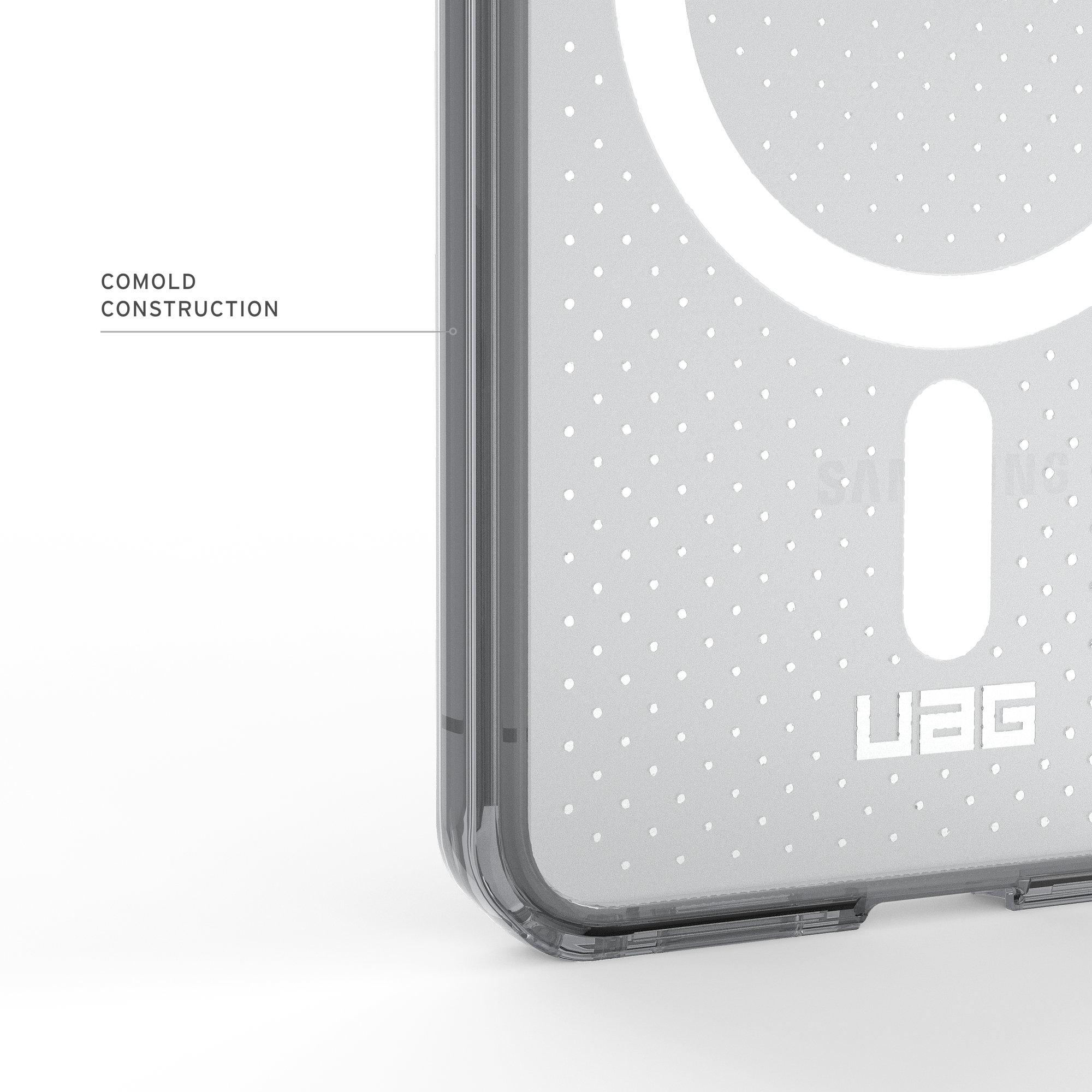 Graue Handyhülle mit Punkten und UAG-Logo.
