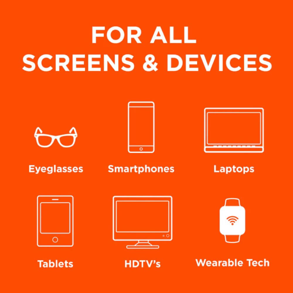 Symbole für Brillen, Smartphone, Laptop, Tablet, HDTV und Smartwatch auf orangefarbenem Hintergrund.