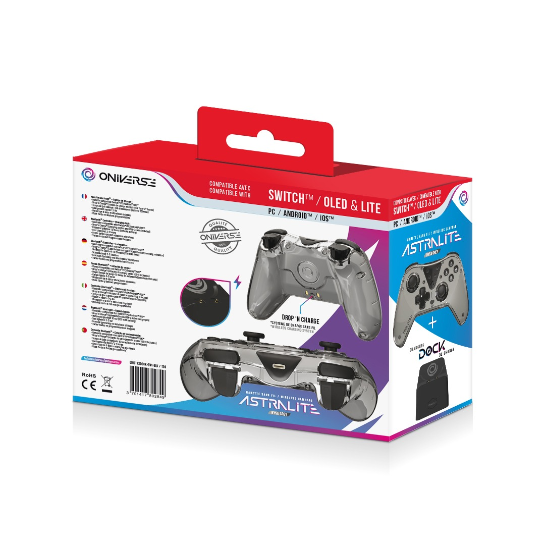 Opakowanie przezroczystego kontrolera z akcesoriami, kompatybilne ze Switchem.