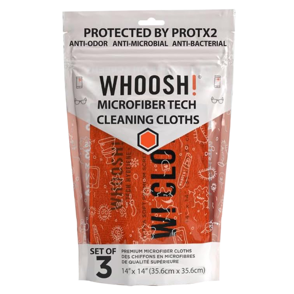 Oranje WHOOSH! microvezeldoekjes verpakking met bacteriën iconen. Set van 3.