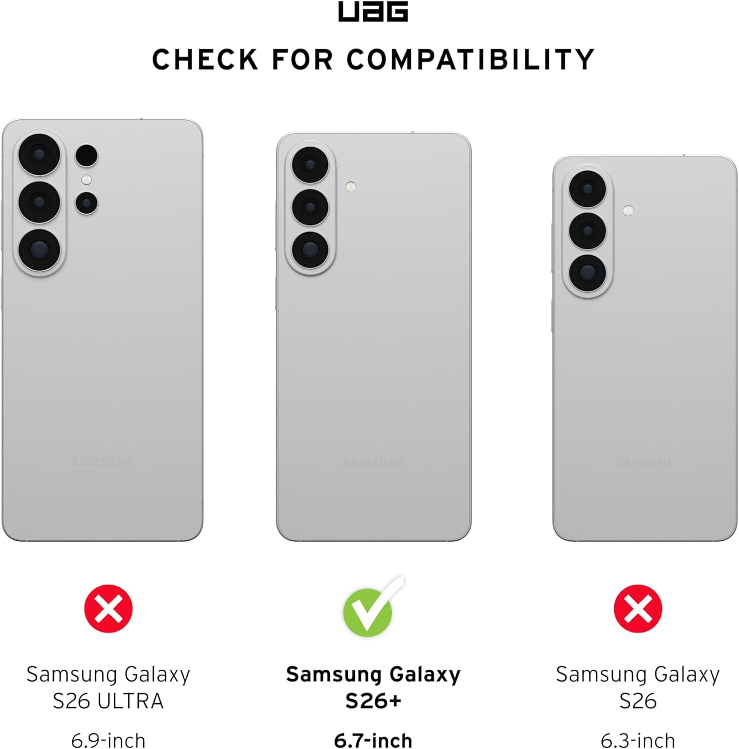 Trzy telefony Samsung: S26 ULTRA (X), S26+ (✓), S26 (X).