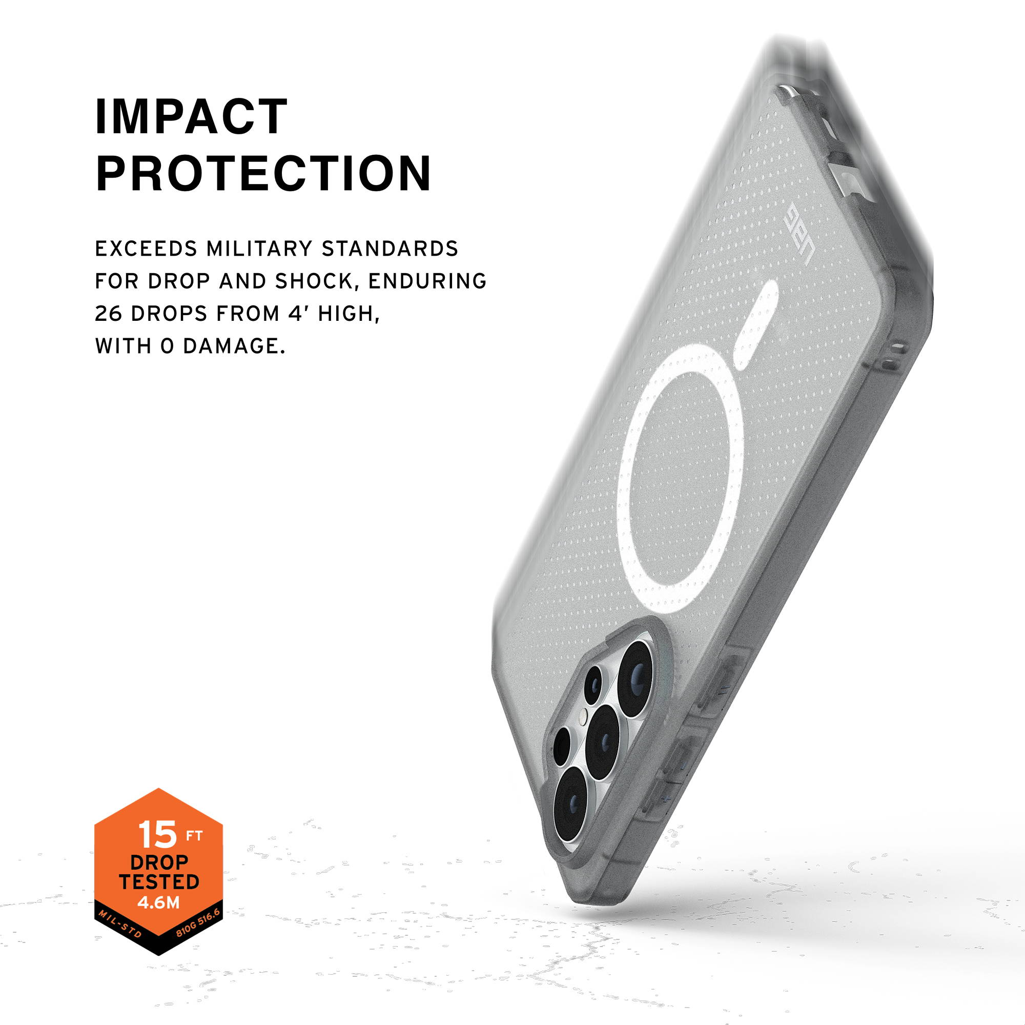 Graue Handyhülle mit "IMPACT PROTECTION" und "15 FT DROP TESTED" Aufdruck.