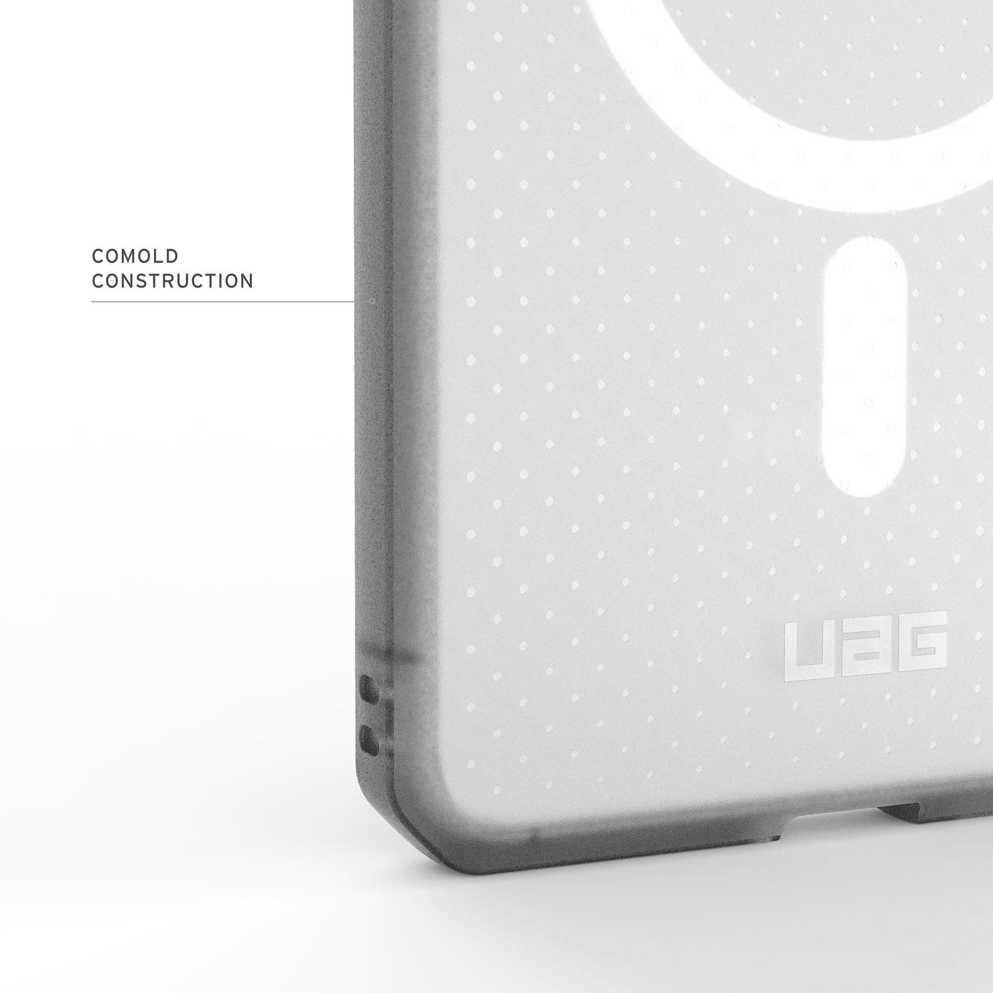 Graue Hülle mit Punktmuster und UAG-Logo.