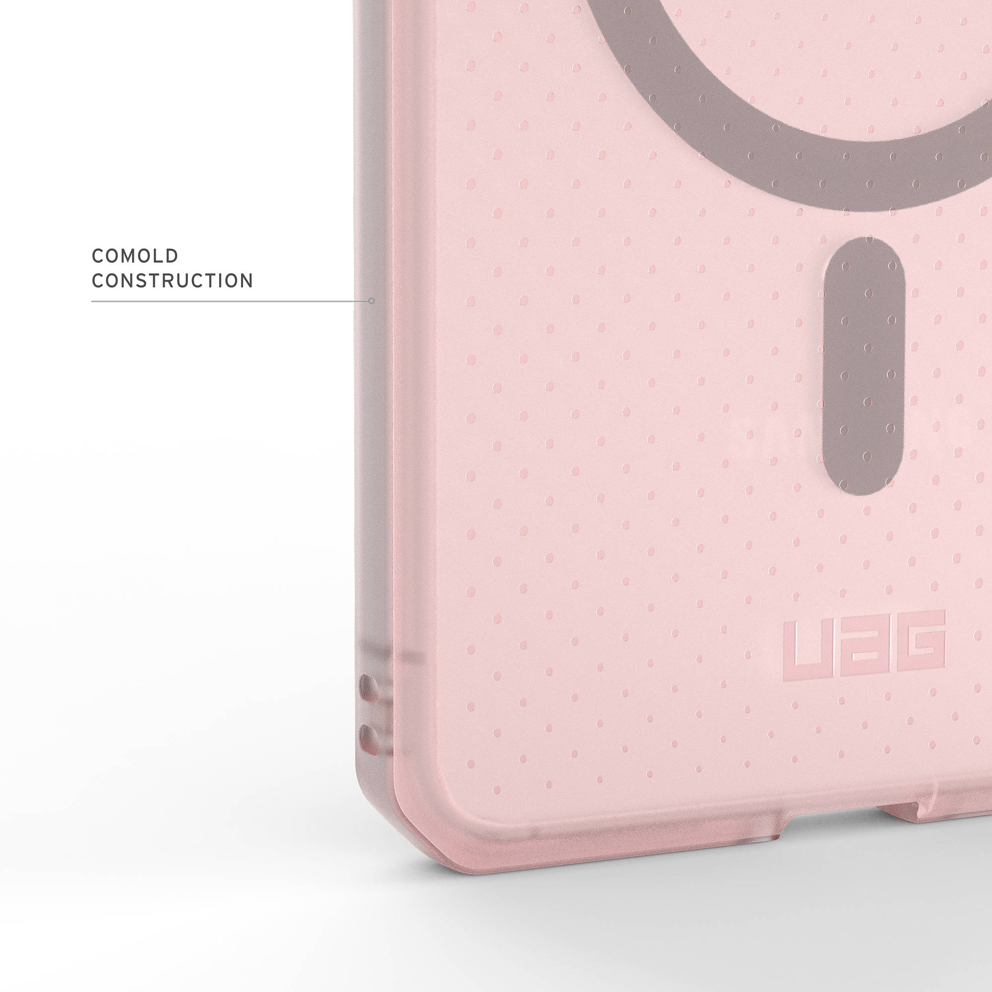 Rosa Handyhülle mit Punktmuster und UAG-Logo.
